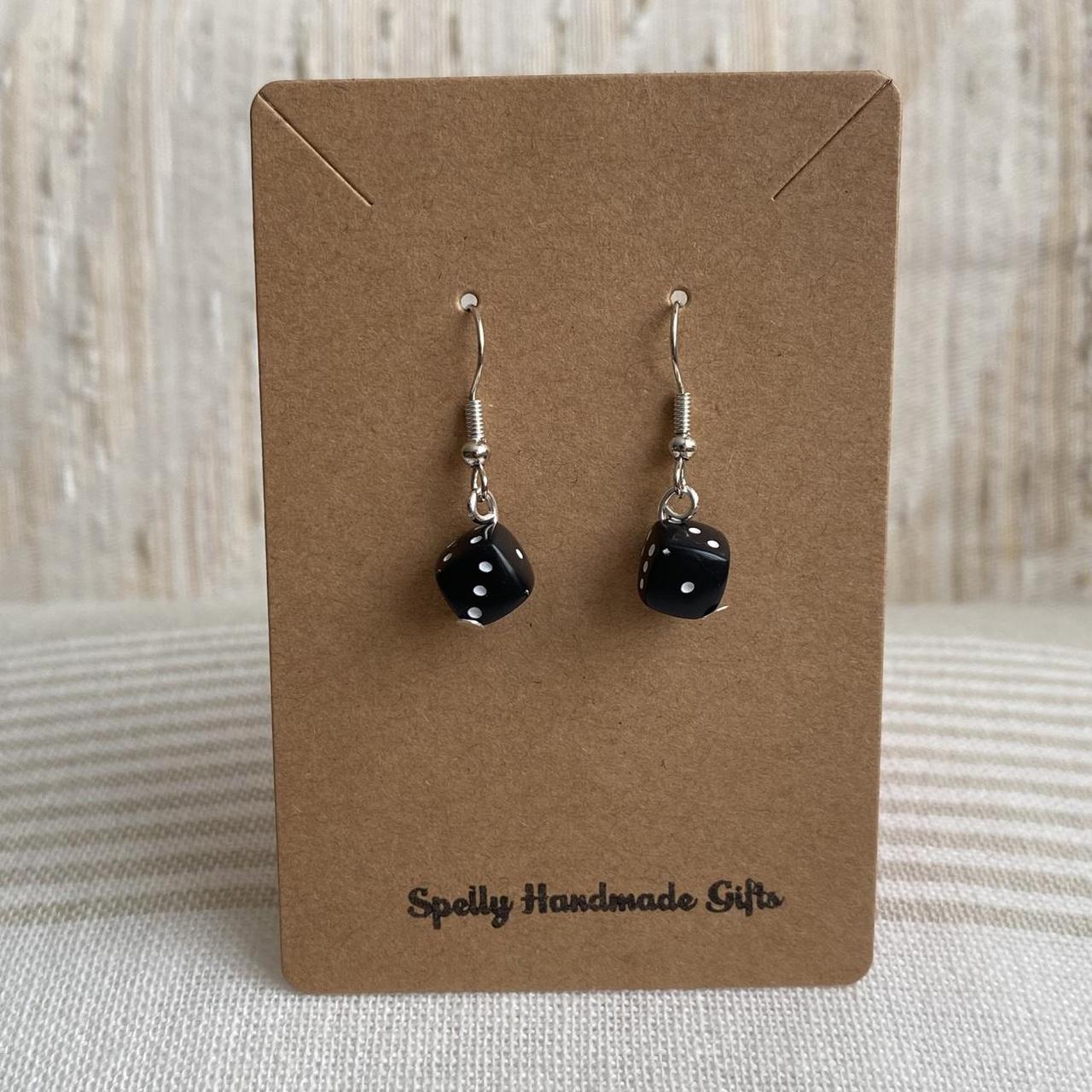 Black Game Dice Dangle Earrings With Silver Accents - Image 4