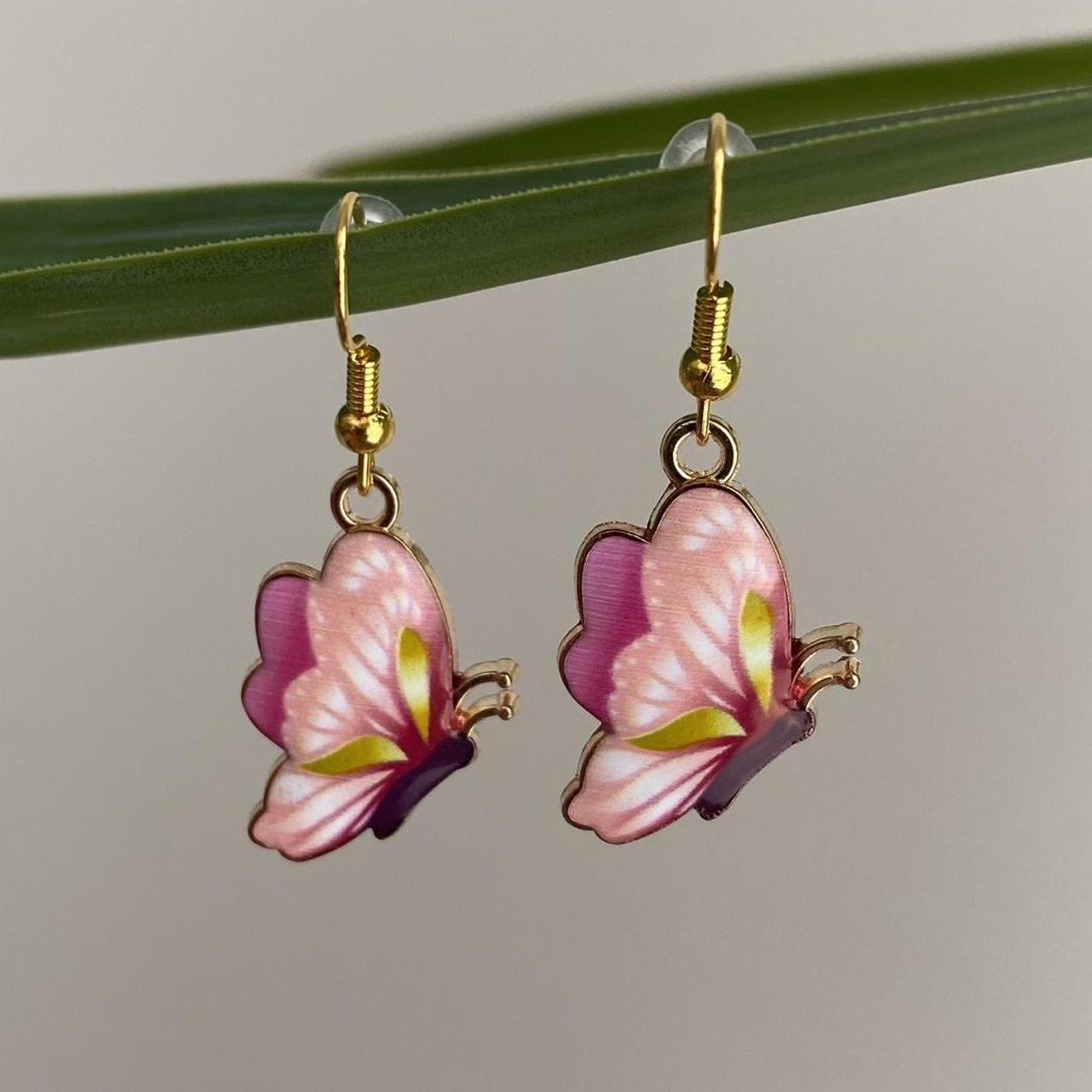 Light Pink Butterfly Enamel Dangle Earrings With