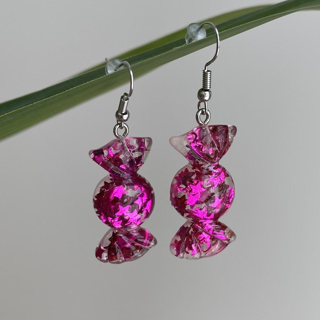 Sparkly Resin Dark Pink Candy Dangle Earrings With - Image 5