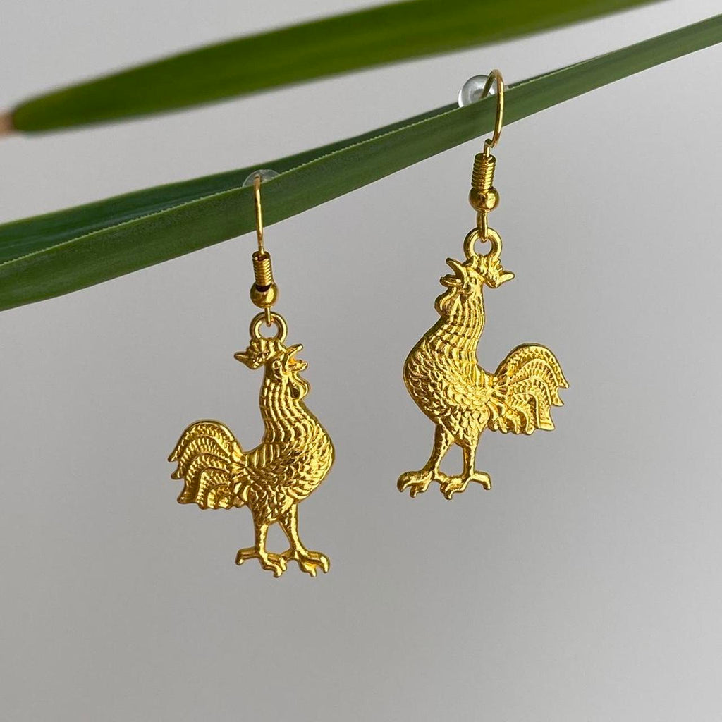 Gold Rooster Dangle Earrings Hand Made Pendant