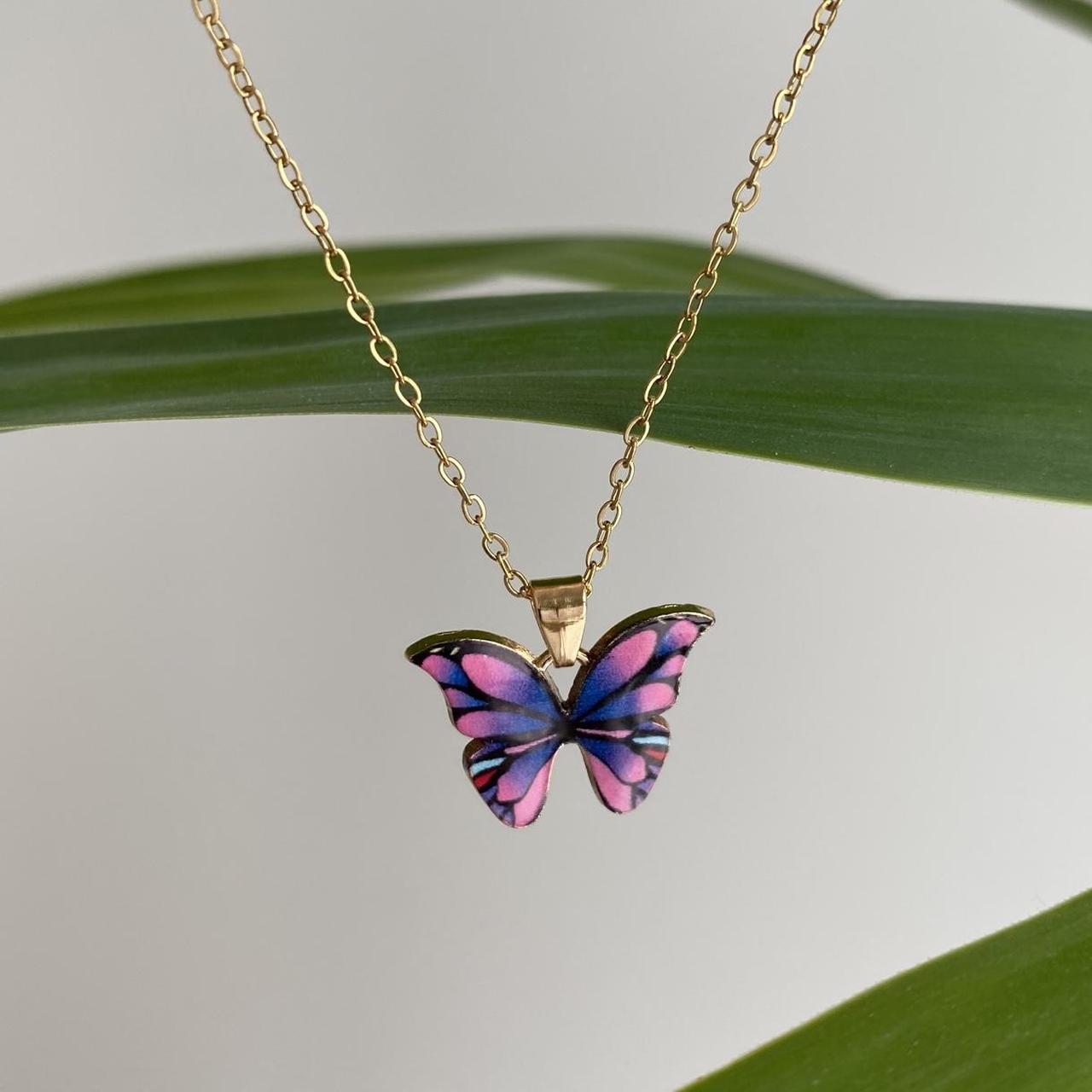 Pink And Blue Purple Butterfly Enamel Pendant Chain - Image 3