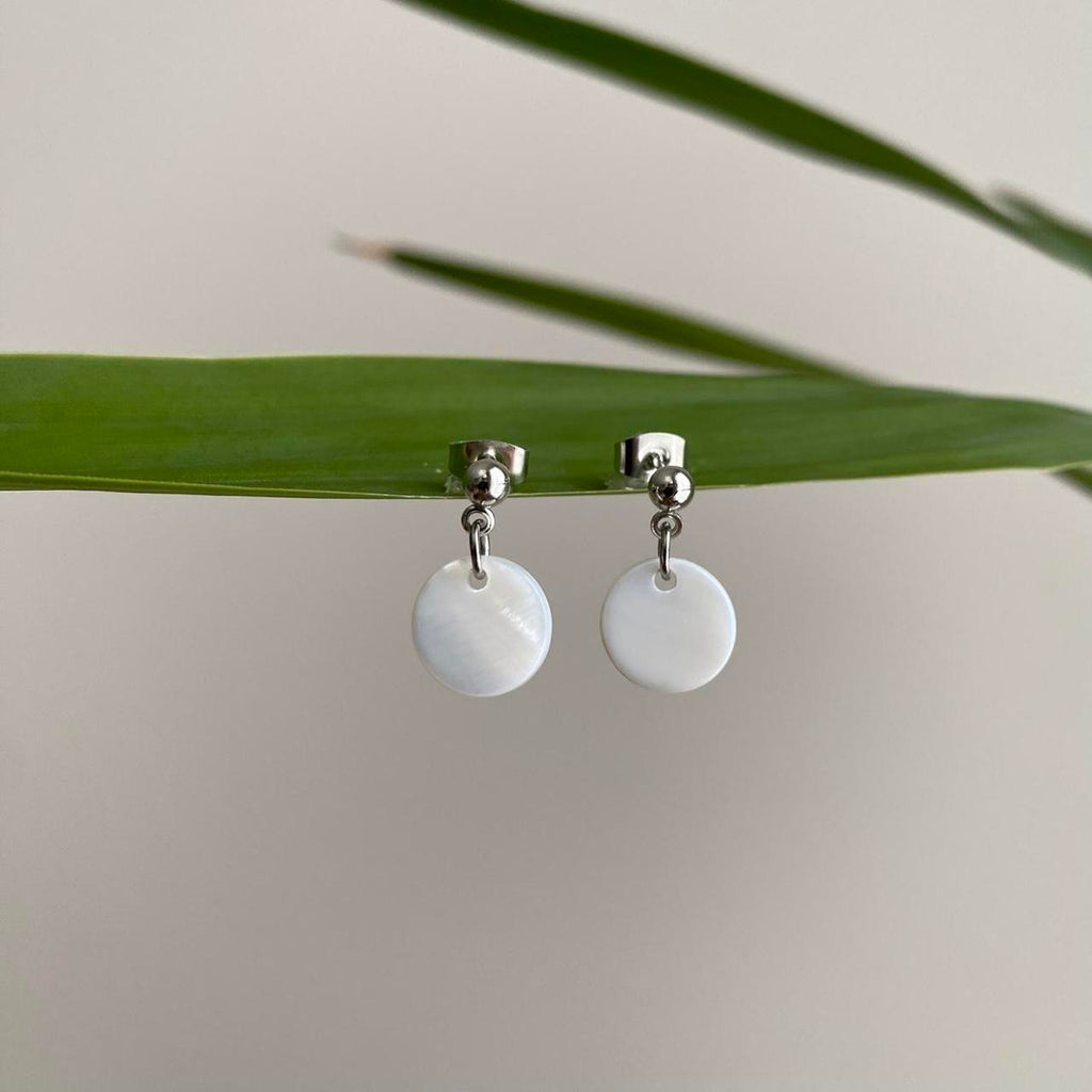 White Circle Shell Silver Dangle Stud Earrings - Image 2