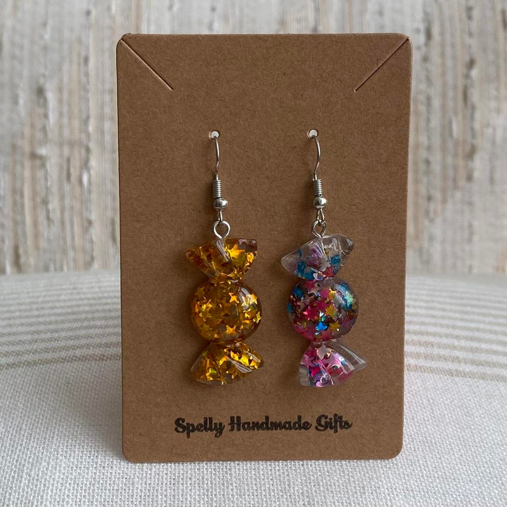 Sparkly Resin Gold And Rainbow Candy Dangle Earrings - Image 3