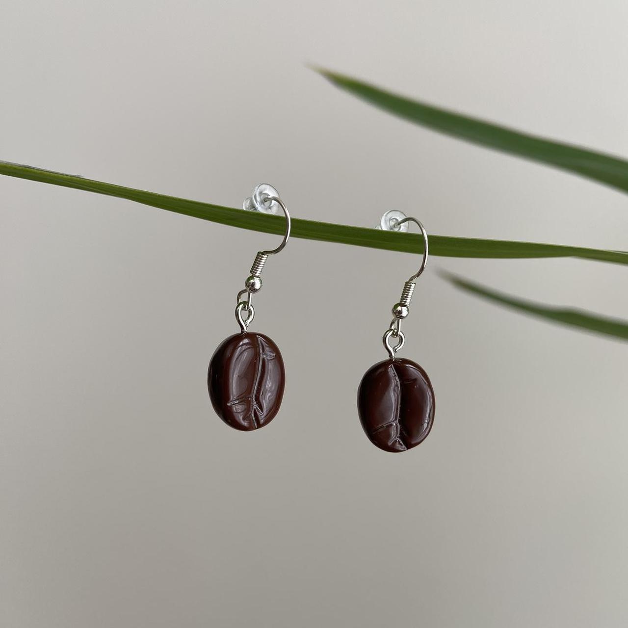 Coffee Bean Drop Dangle Earrings With Silver - Image 4