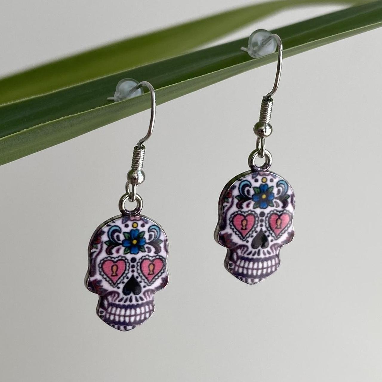 Cinco De Mayo Style Skull Enamel Dangle Earrings