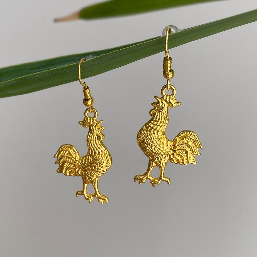 Gold Rooster Dangle Earrings Hand Made Pendant - Image 3