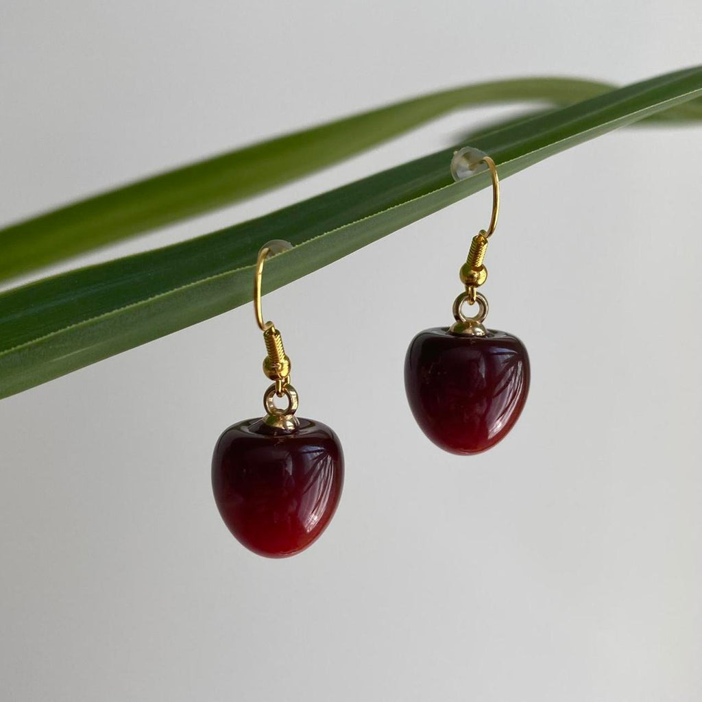 Red Cherry Dangle Earrings With Gold Accents Hand - Image 3