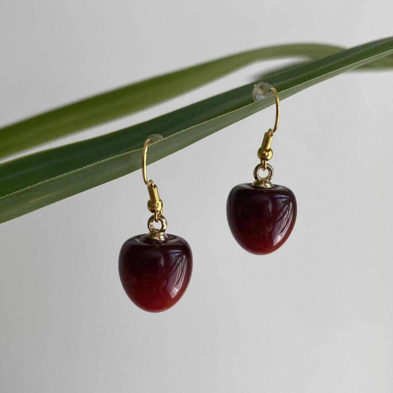 Red Cherry Dangle Earrings With Gold Accents Hand - Image 3