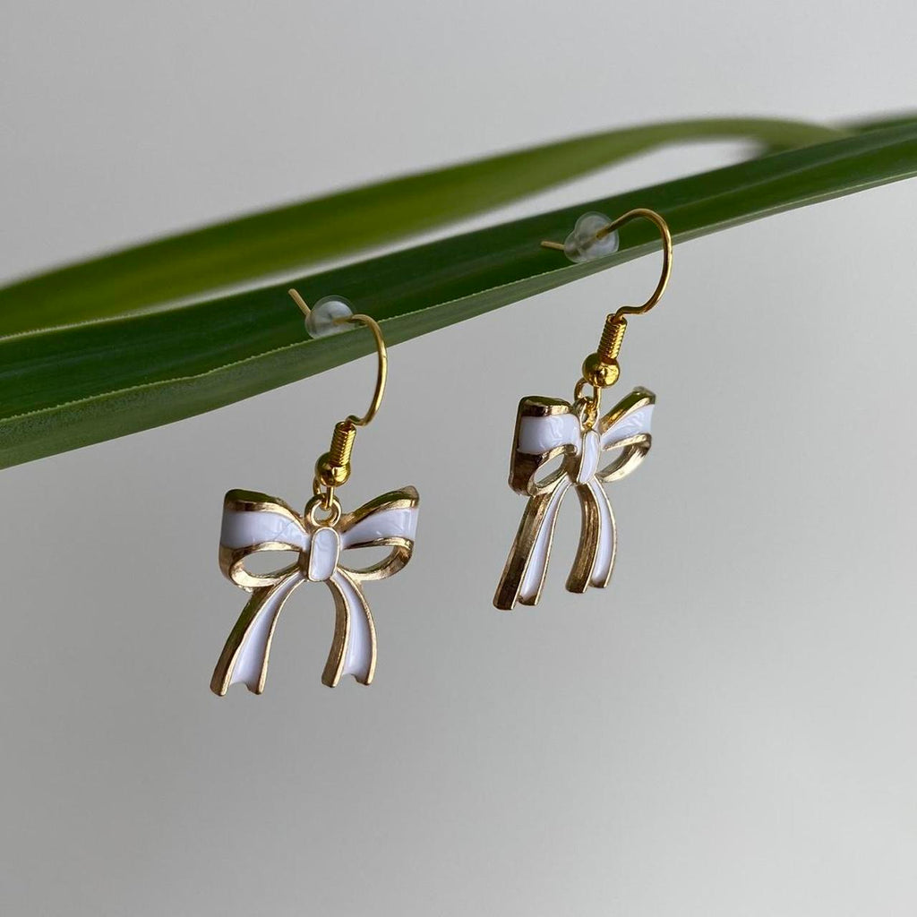 White Ribbon Bow Dangle Earrings With Gold - Image 4