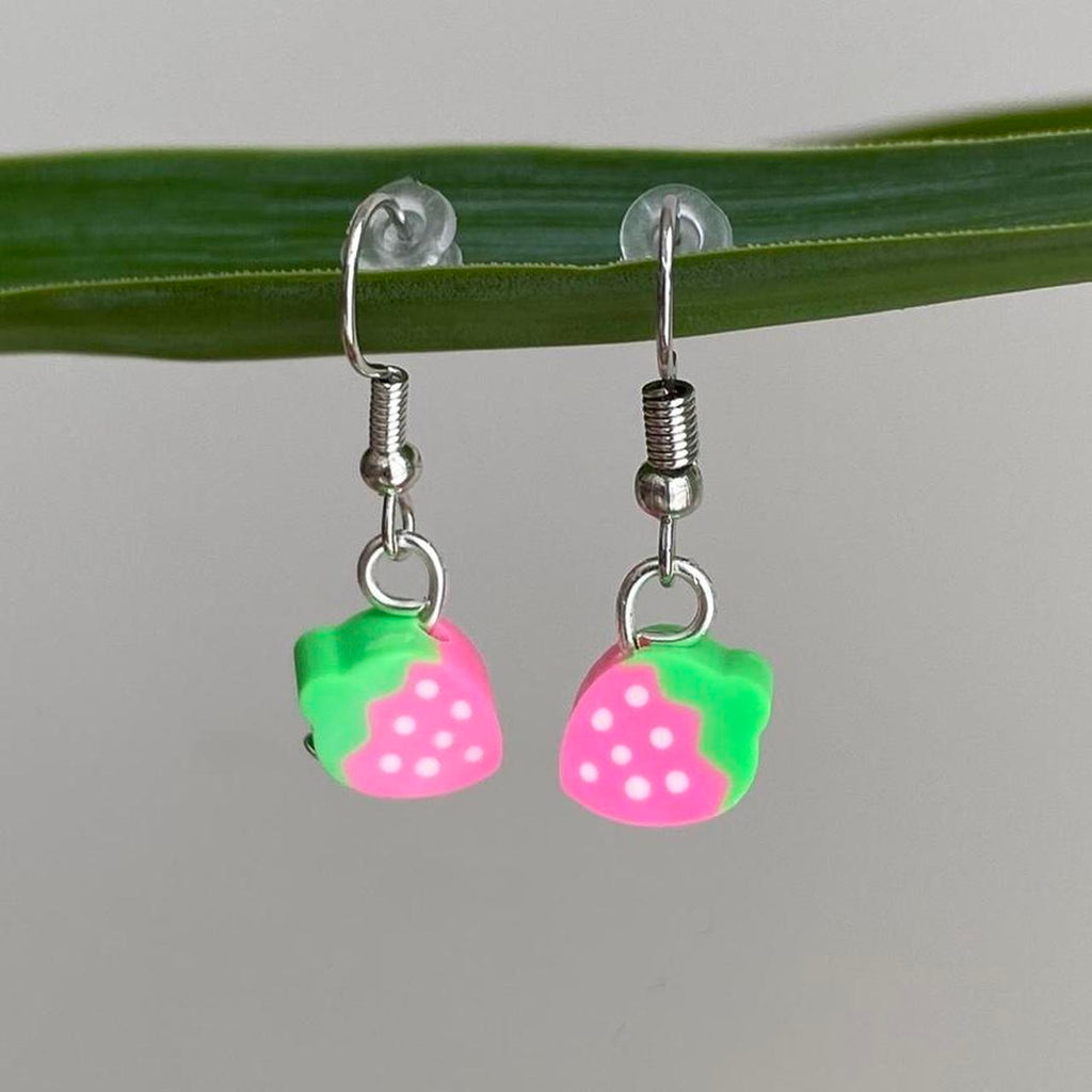 Pink Strawberry Fruit Polymer Clay Dangle Earrings