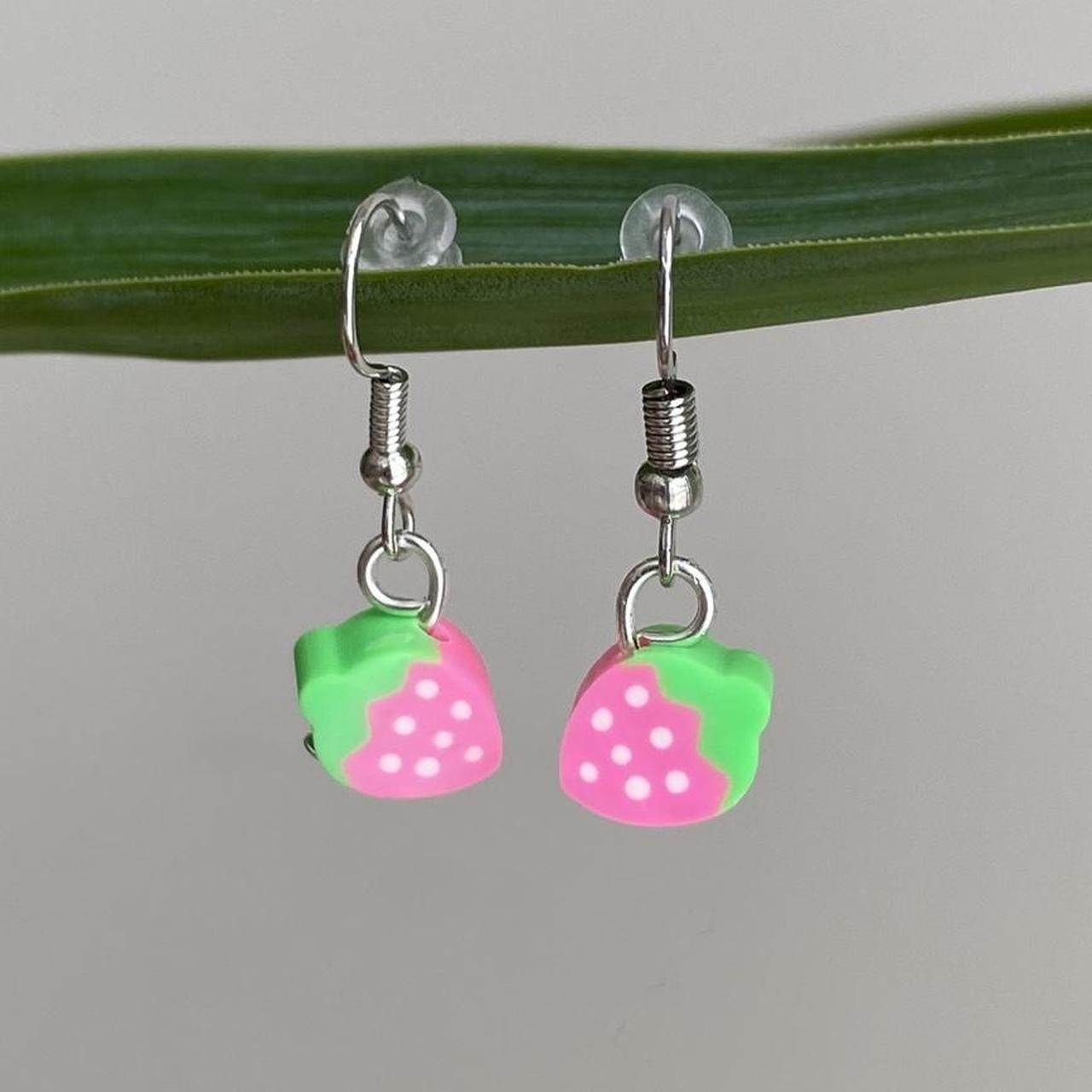 Pink Strawberry Fruit Polymer Clay Dangle Earrings