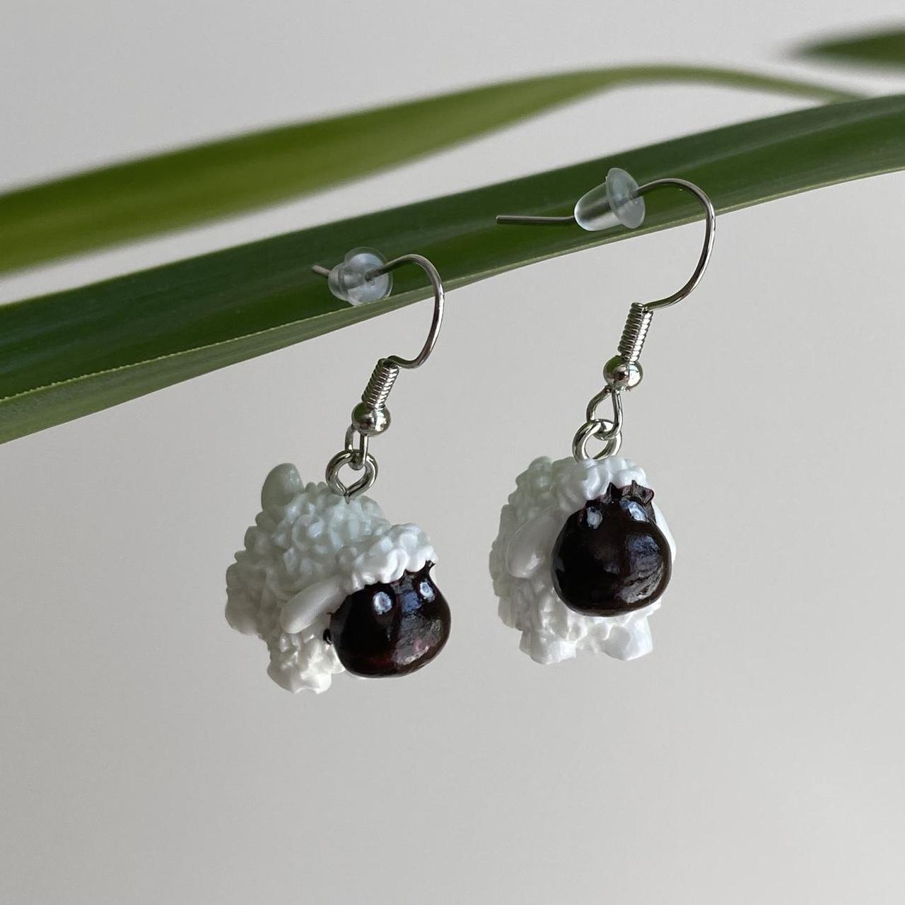 White Lamb Sheep Dangle Earrings With Silver - Image 3