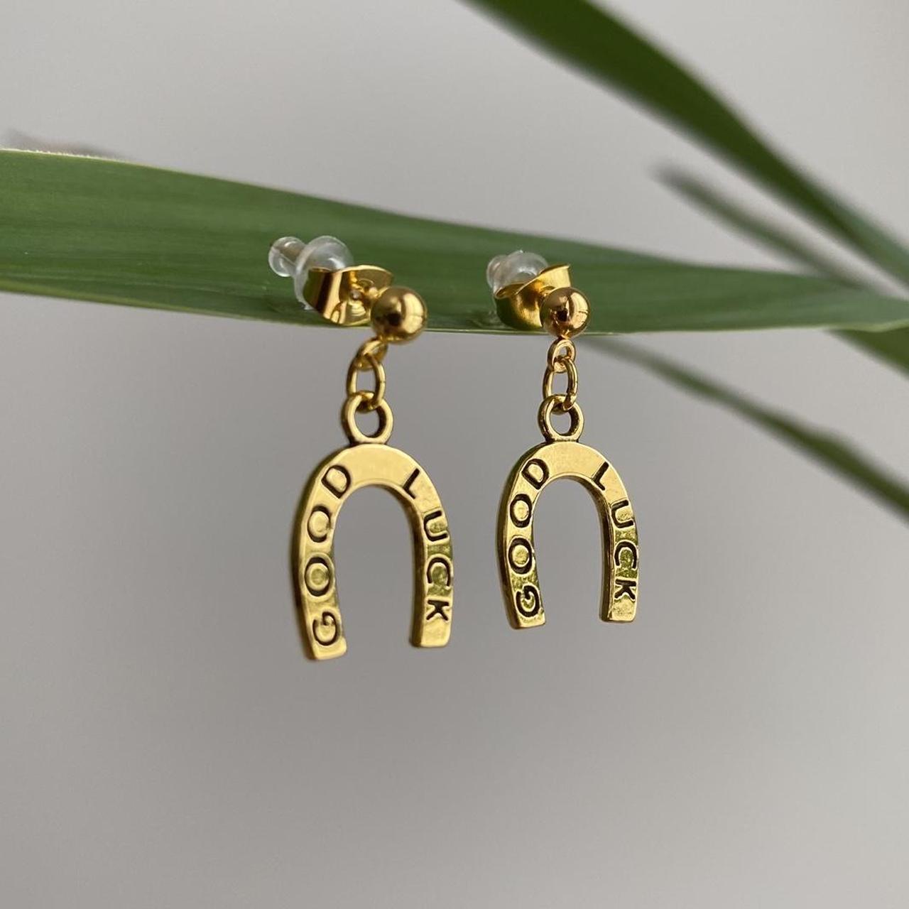 Western Good Luck Horse Shoe Gold Dangle Stud - Image 4