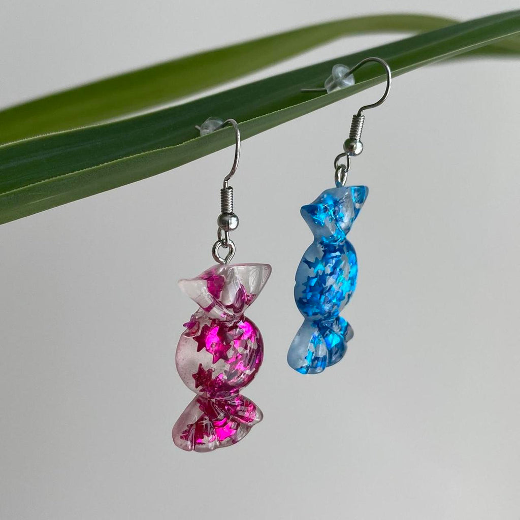 Sparkly Resin Pink And Blue Candy Dangle Earrings - Image 5