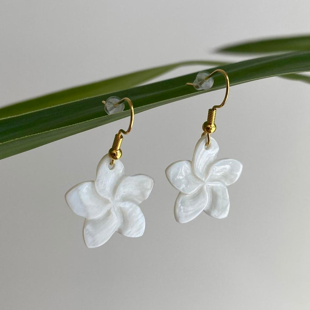 Genuine White Shell Flower Dangle Earrings With Gold - Image 2