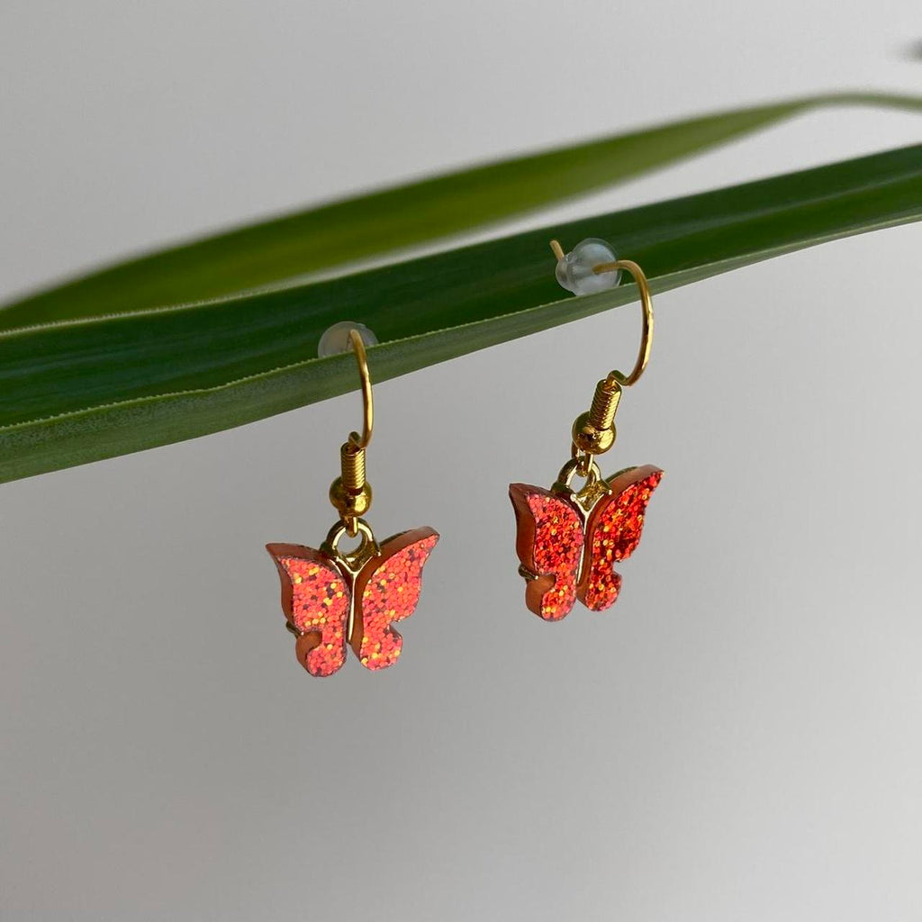 Orange Sparkle Butterfly Dangle Earrings With Gold - Image 4