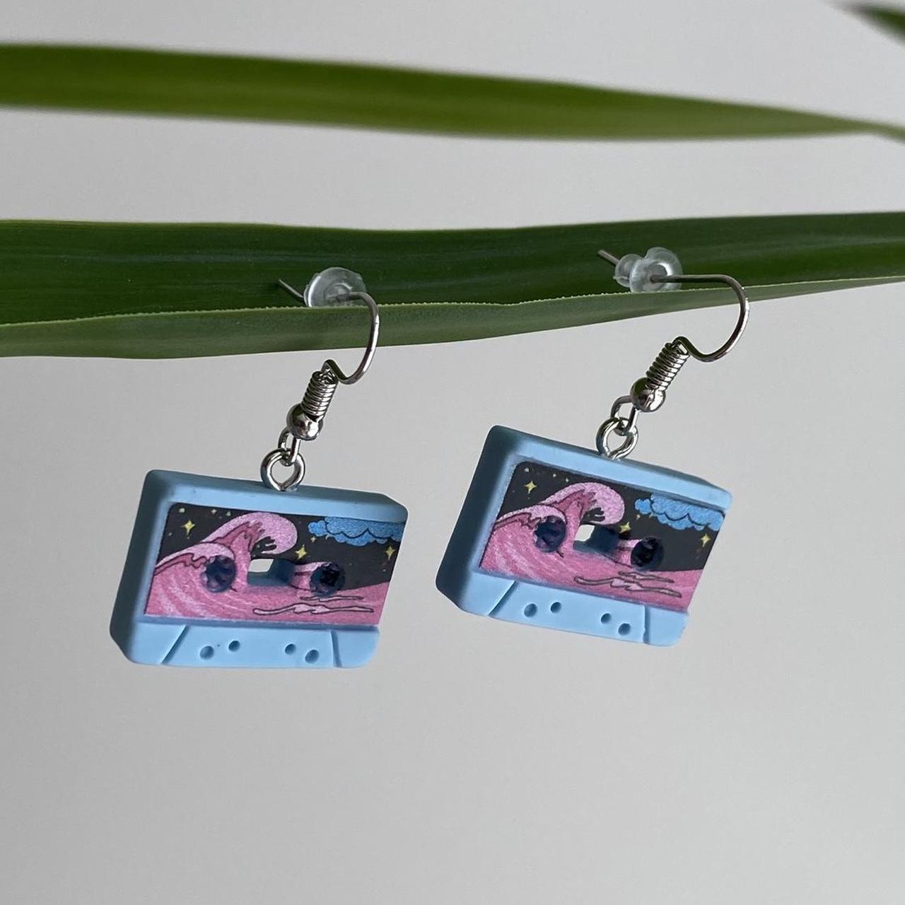 Blue Vintage Music Cassette Tape Dangle Earrings - Image 2