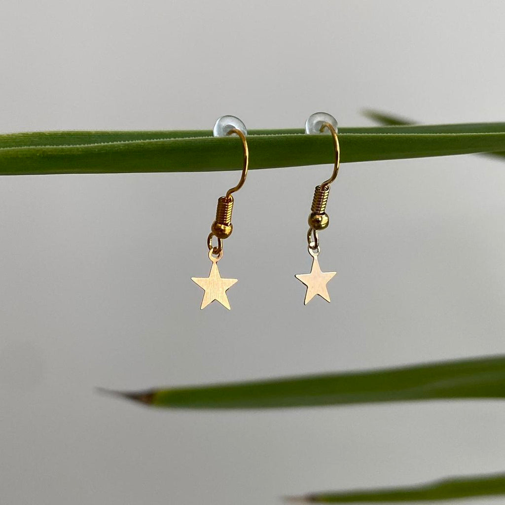 Petite Minimalist Gold Star Dangle Earrings Also