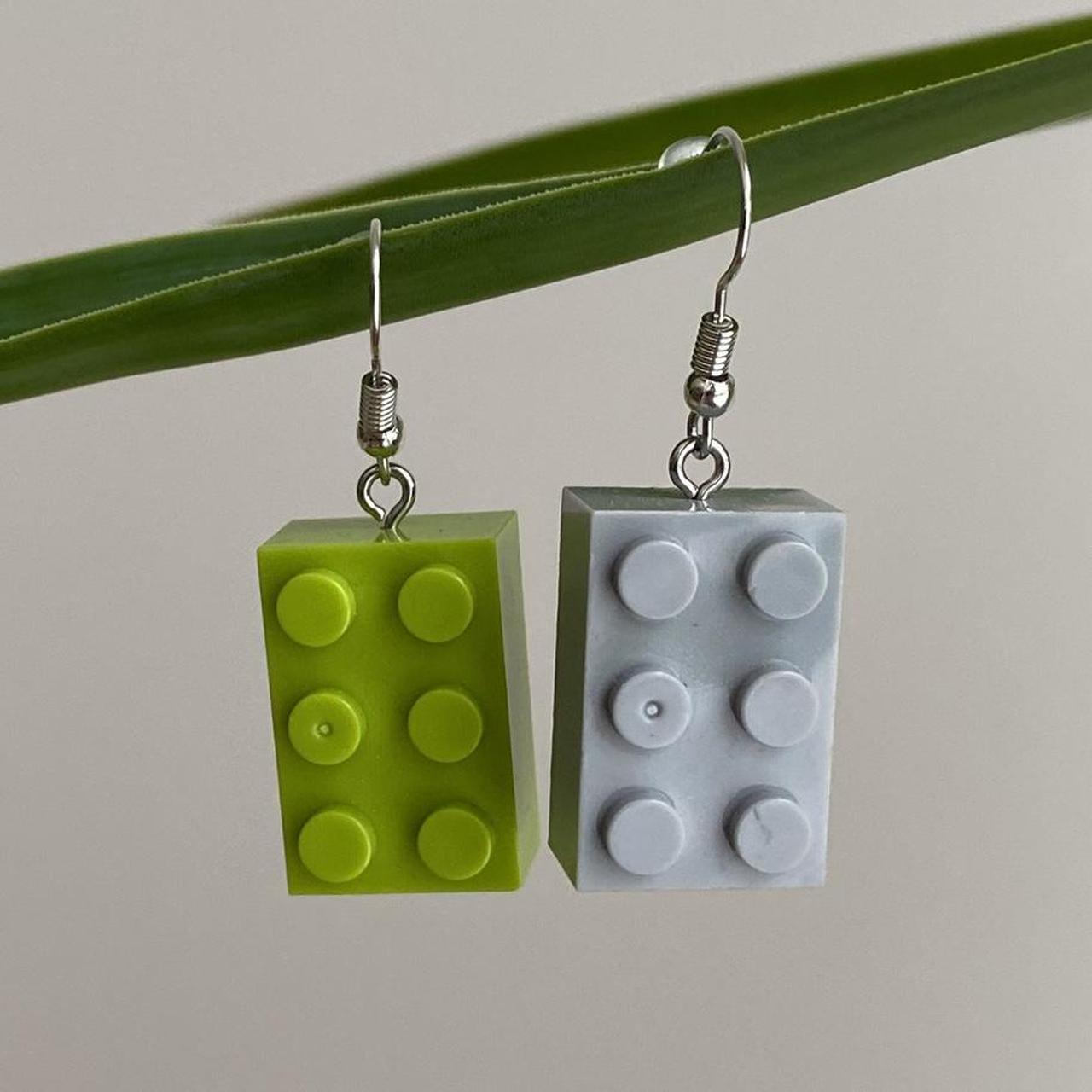 Green And Grey Lego Dangle Earrings With Silver - Image 4