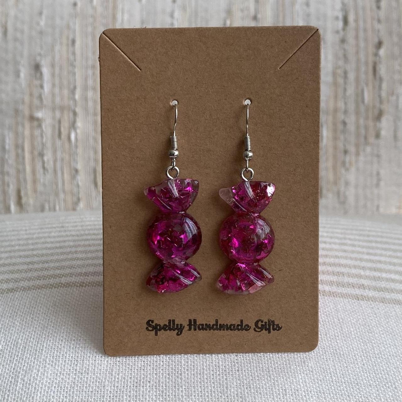Sparkly Resin Dark Pink Candy Dangle Earrings With - Image 3
