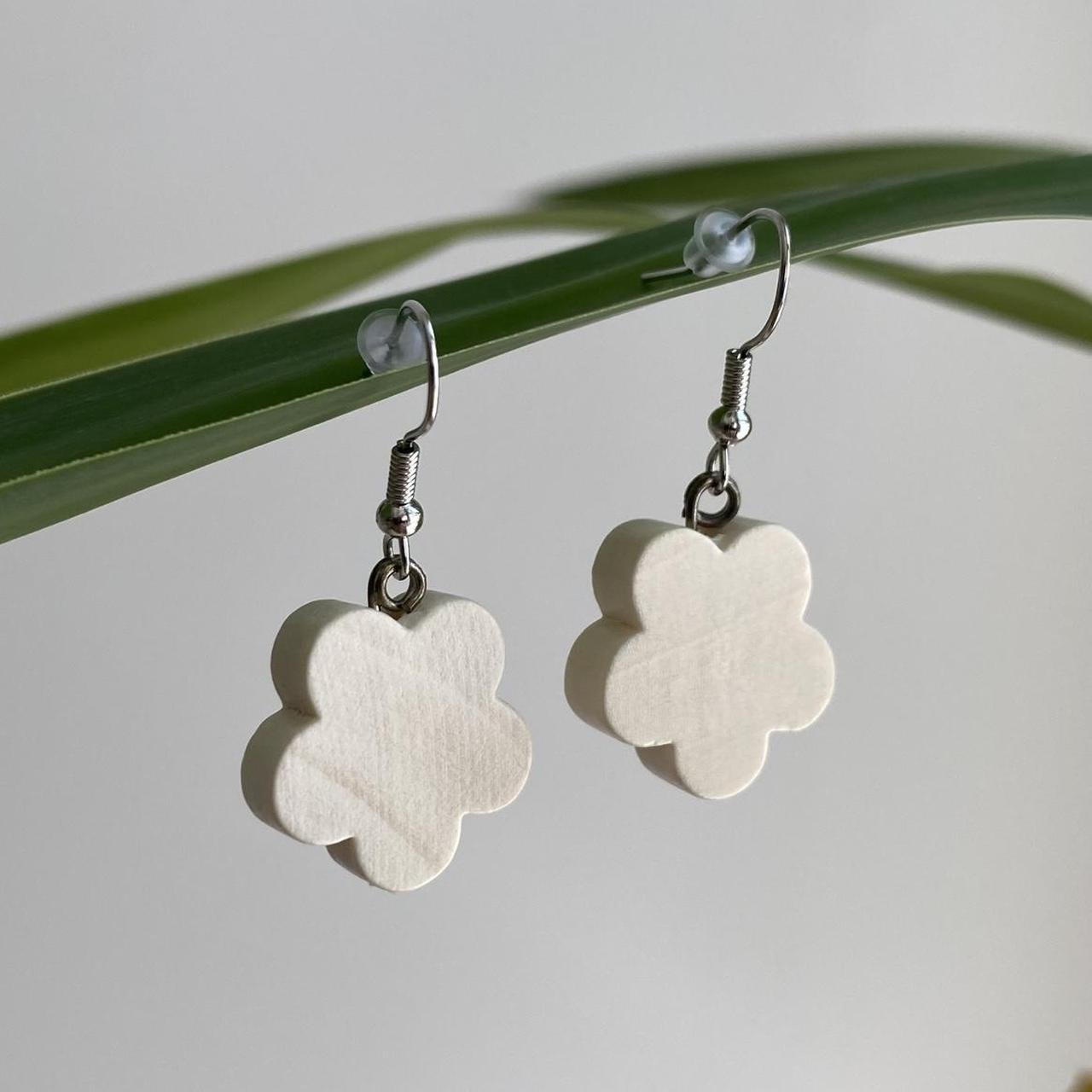 Wooden Flower Dangle Earrings With Silver Accents - Image 2