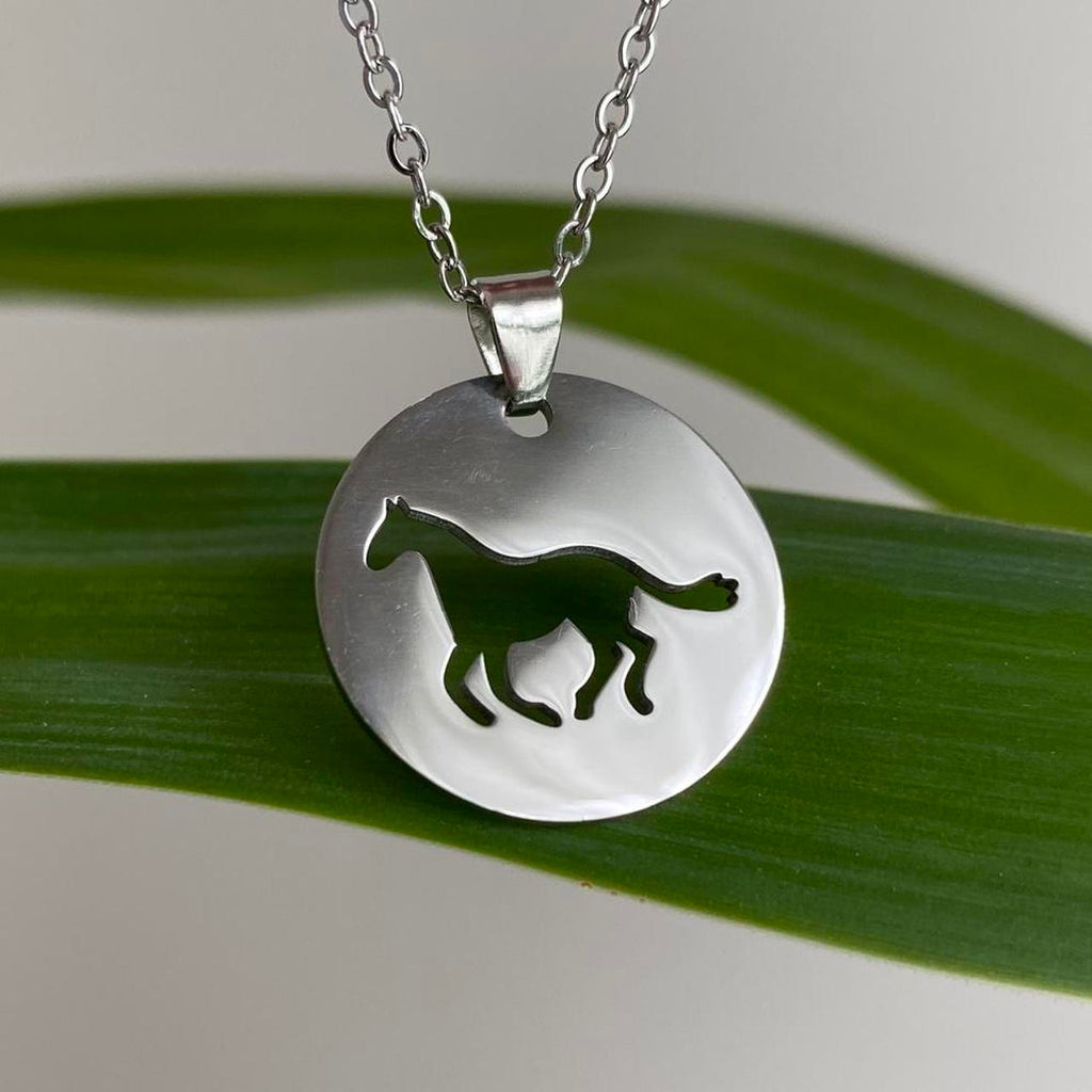 Silver Circle Cutout Horse Pendant Chain Necklace