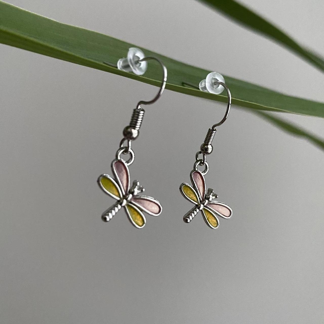Pink And Yellow Dragon Fly Dangle Earrings With