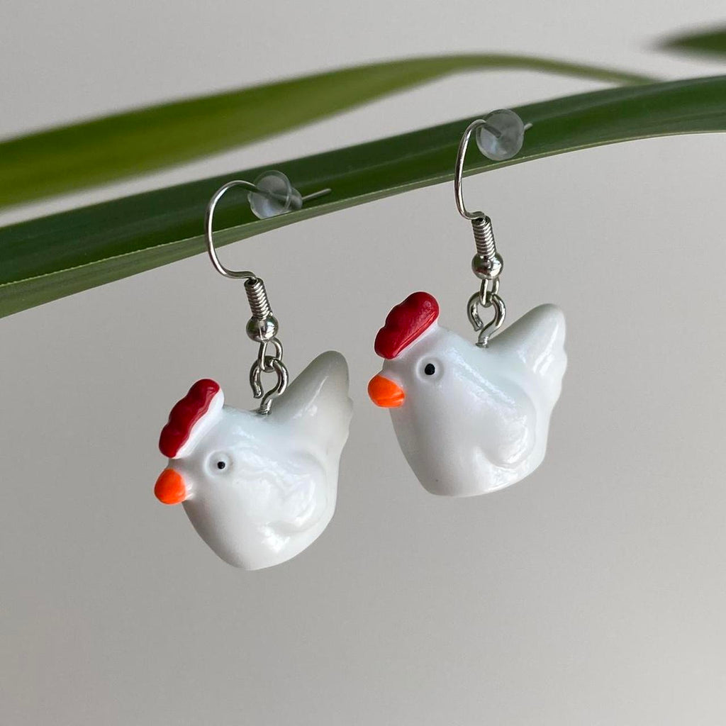 Chicken Dangle Earrings With Silver Accents Hand