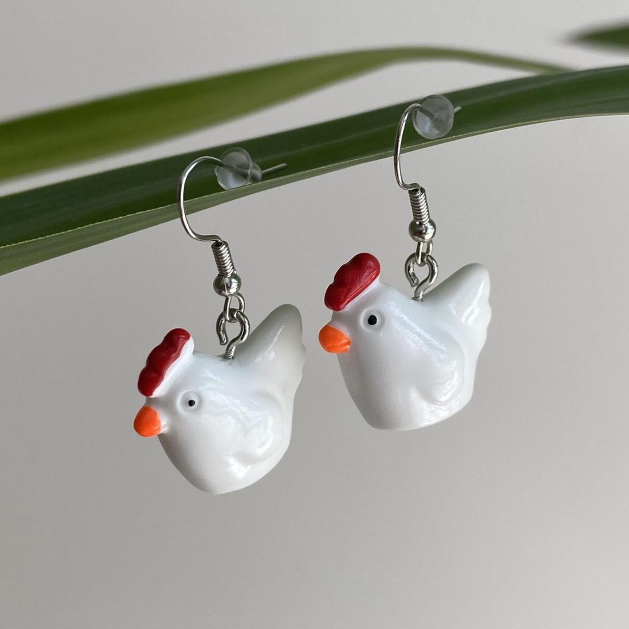 Chicken Dangle Earrings With Silver Accents Hand