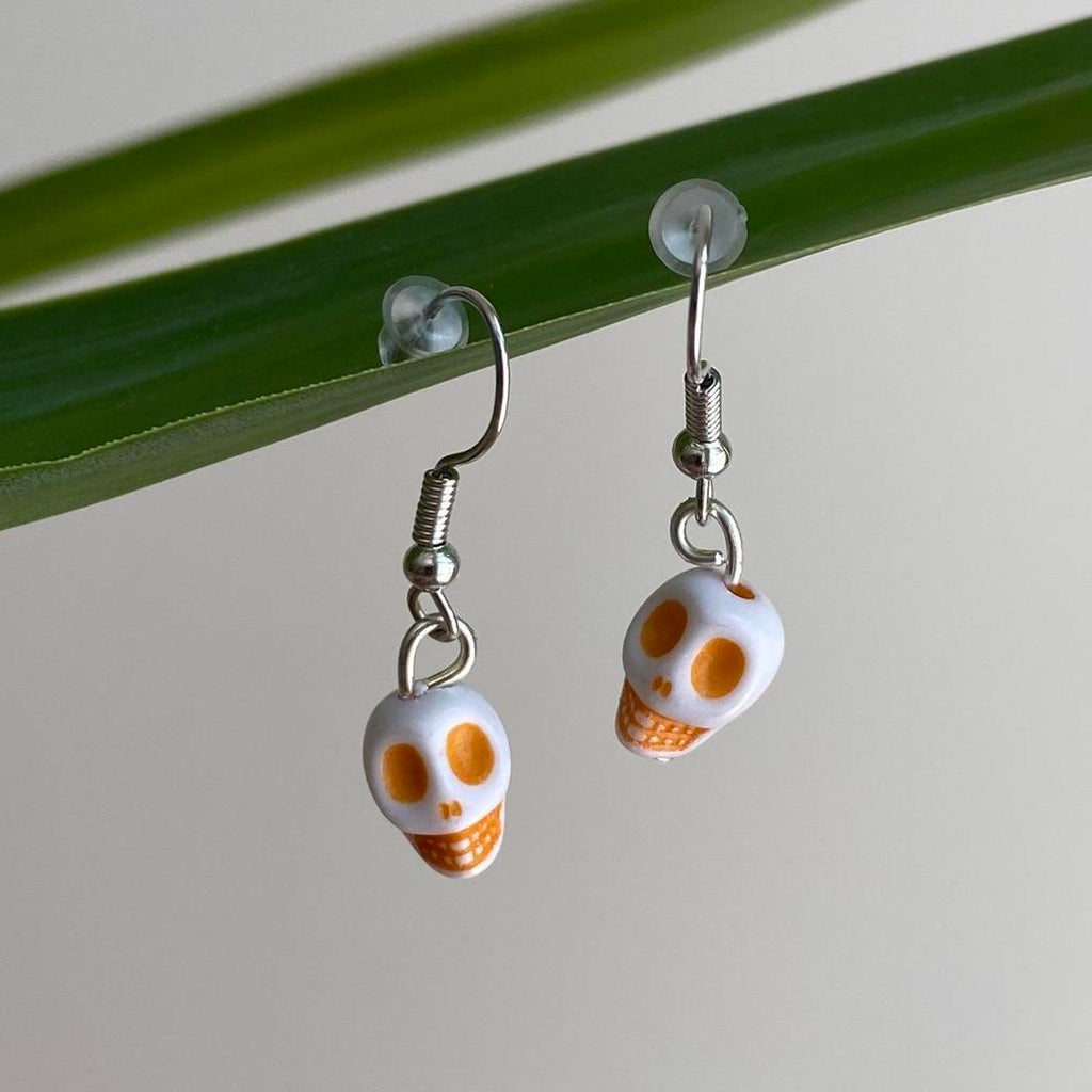 Cinco De Mayo White And Orange Skull Dangle Earrings