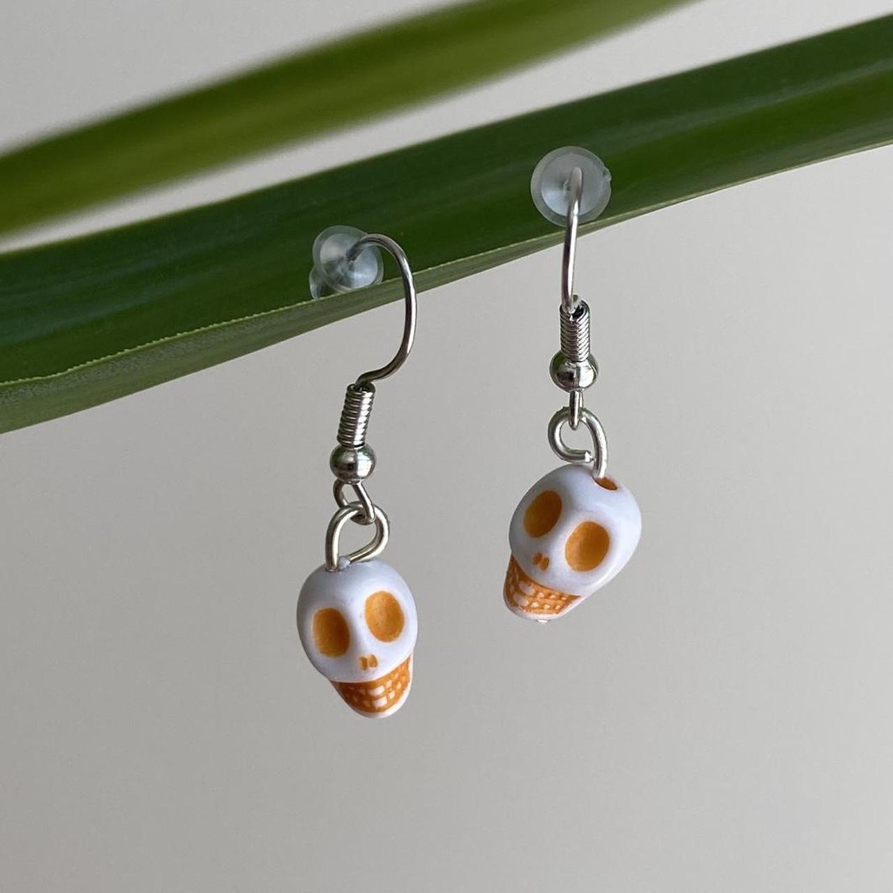 Cinco De Mayo White And Orange Skull Dangle Earrings