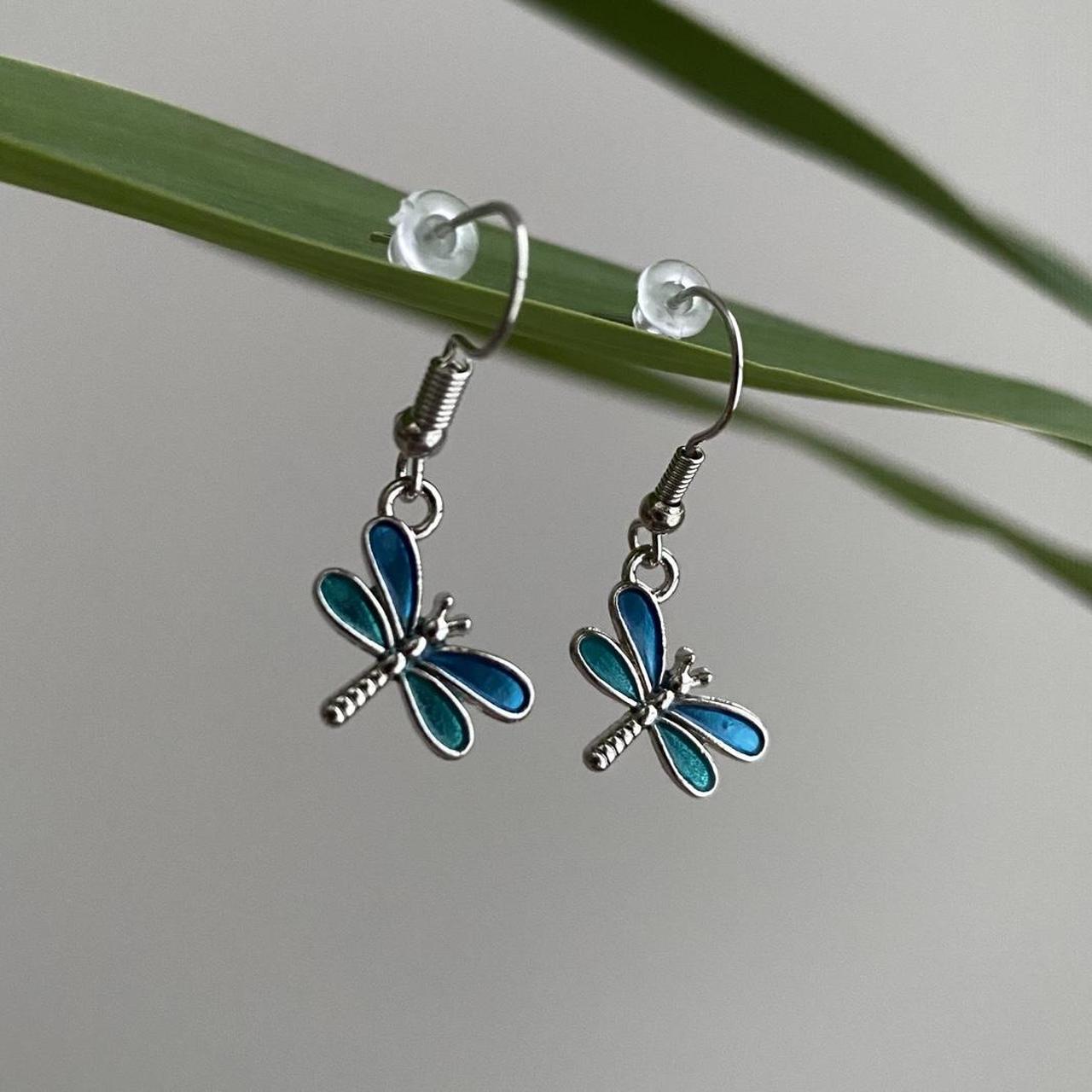 Blue Dragon Fly Dangle Earrings With Silver Accents - Image 5