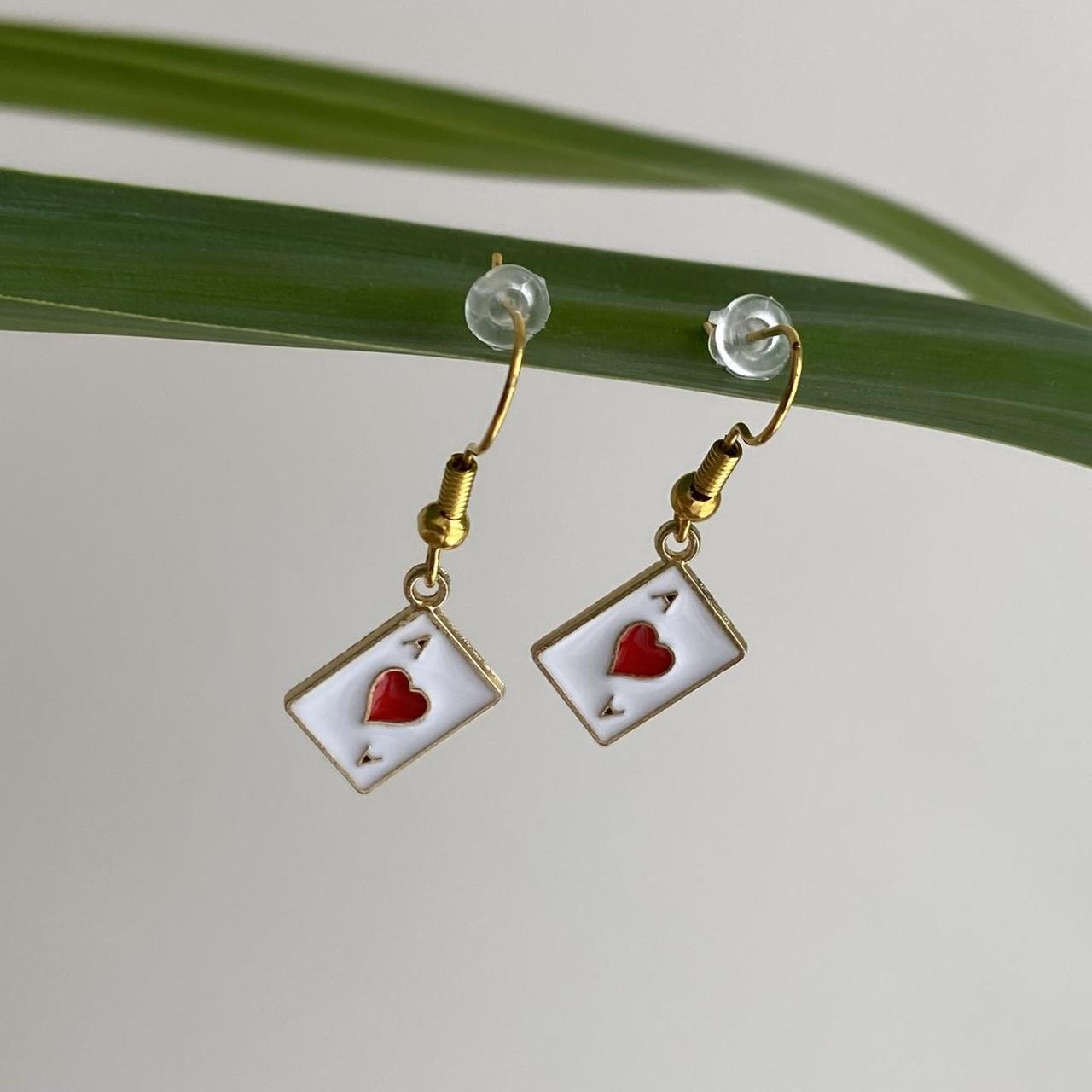 Ace Of Hearts Poker Card Dangle Earrings With Gold - Image 3
