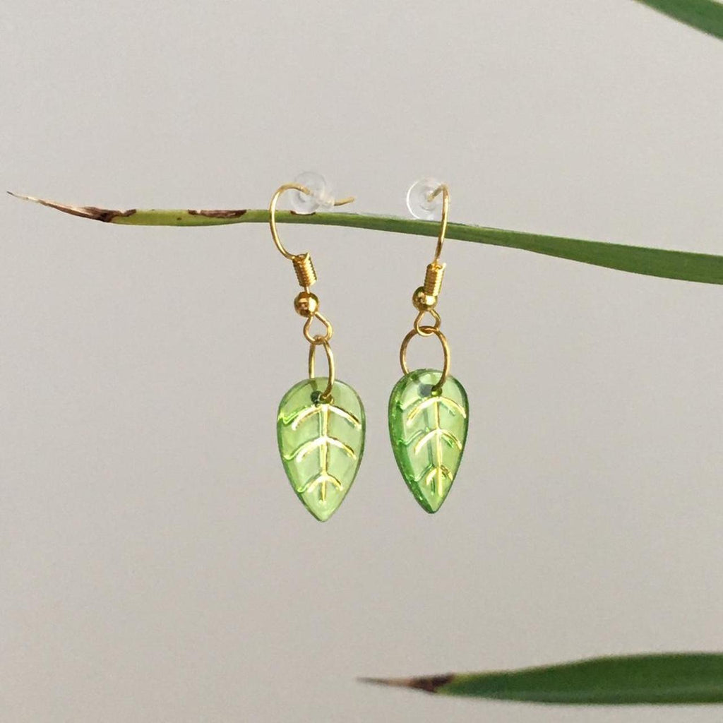 Green Leaf Dangle Earrings Hand Made Resin