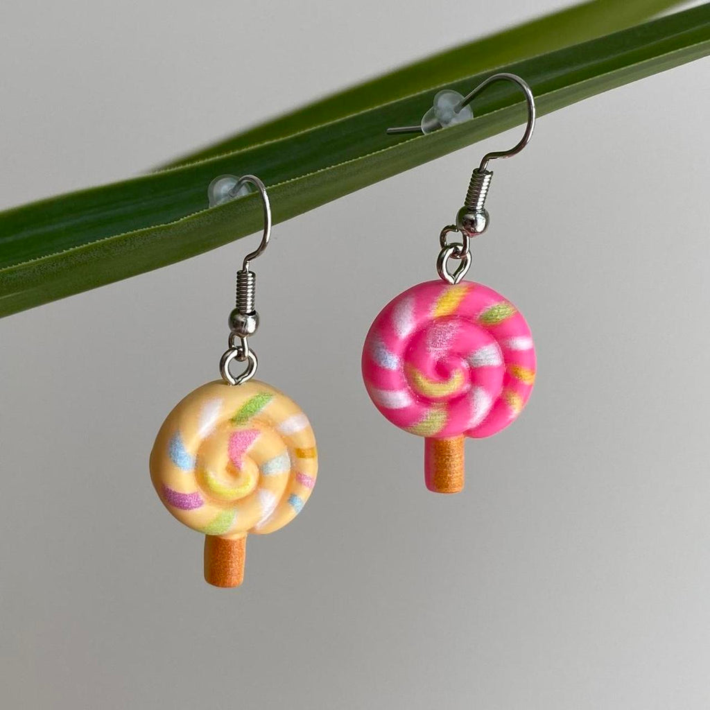 Yellow And Pink Swirly Lollipop Dangle Earrings With