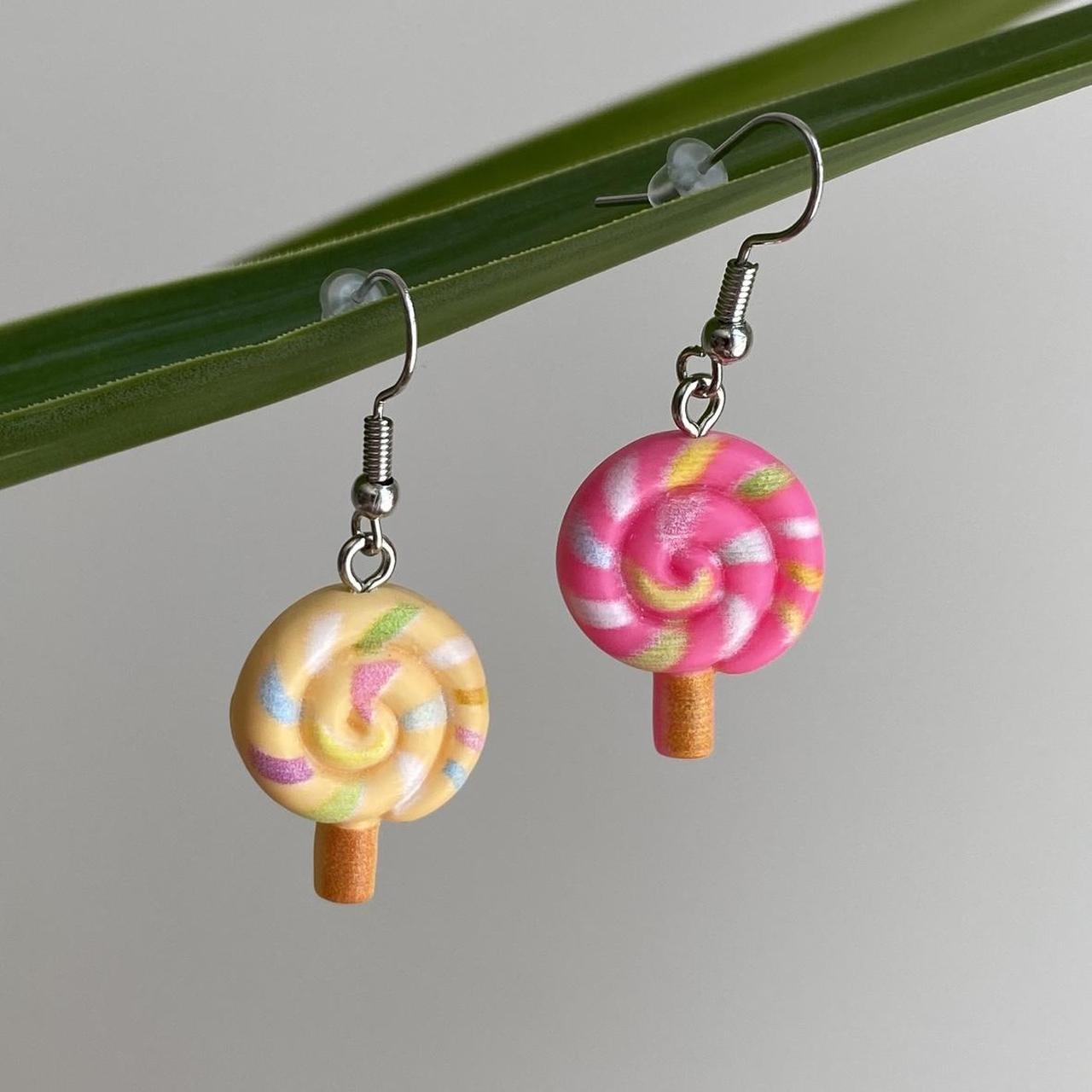 Yellow And Pink Swirly Lollipop Dangle Earrings With