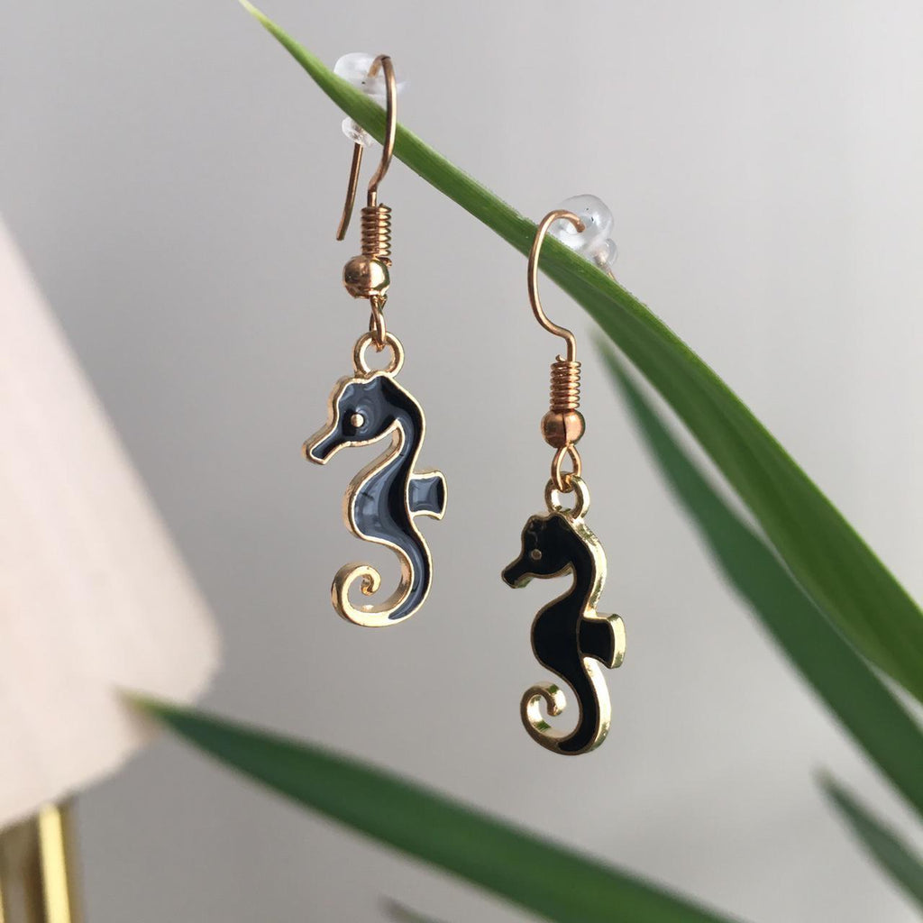 Black Seahorse Dangle Drop Earrings With Gold