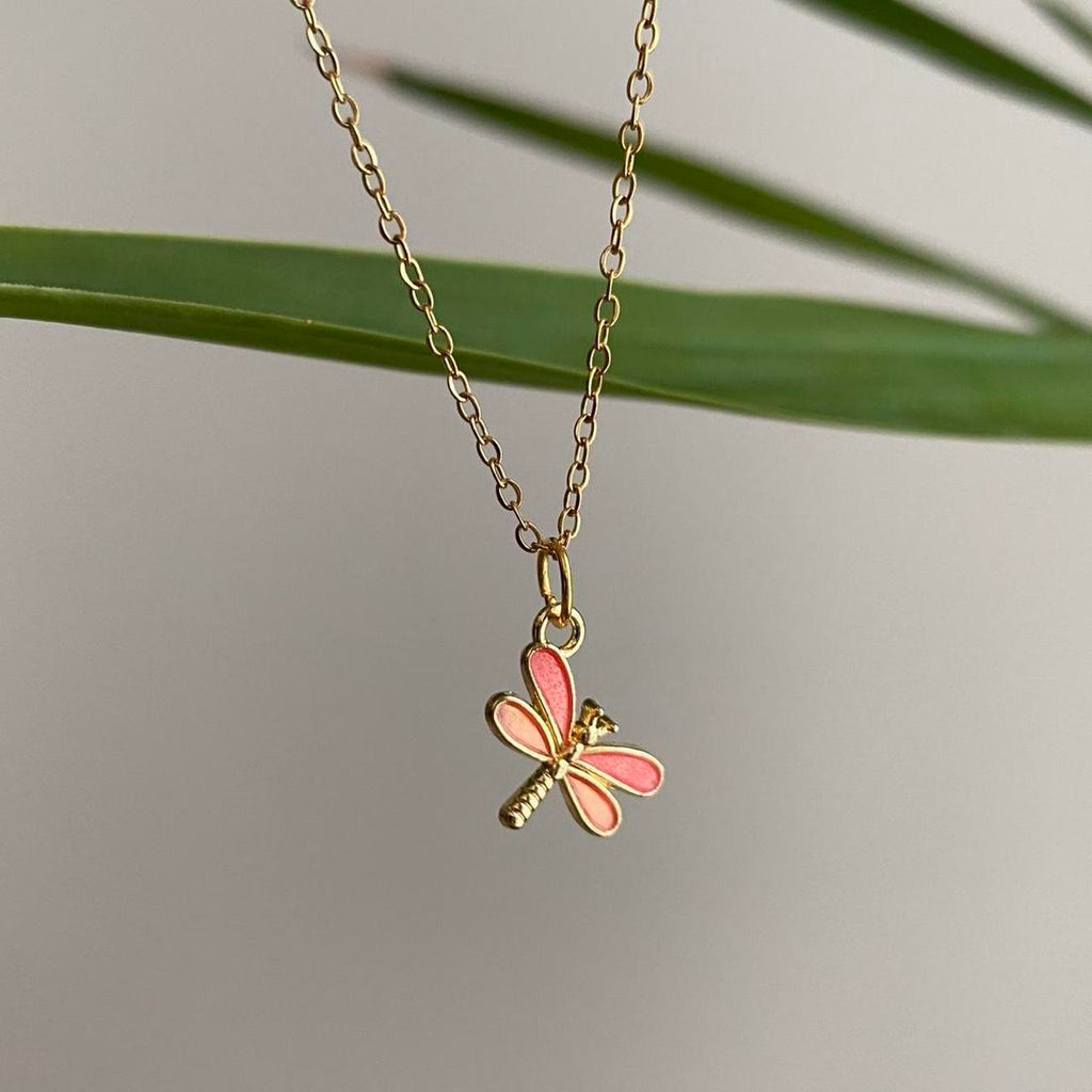 Pink And Orange Enamel Dragonfly Pendant Chain - Image 5