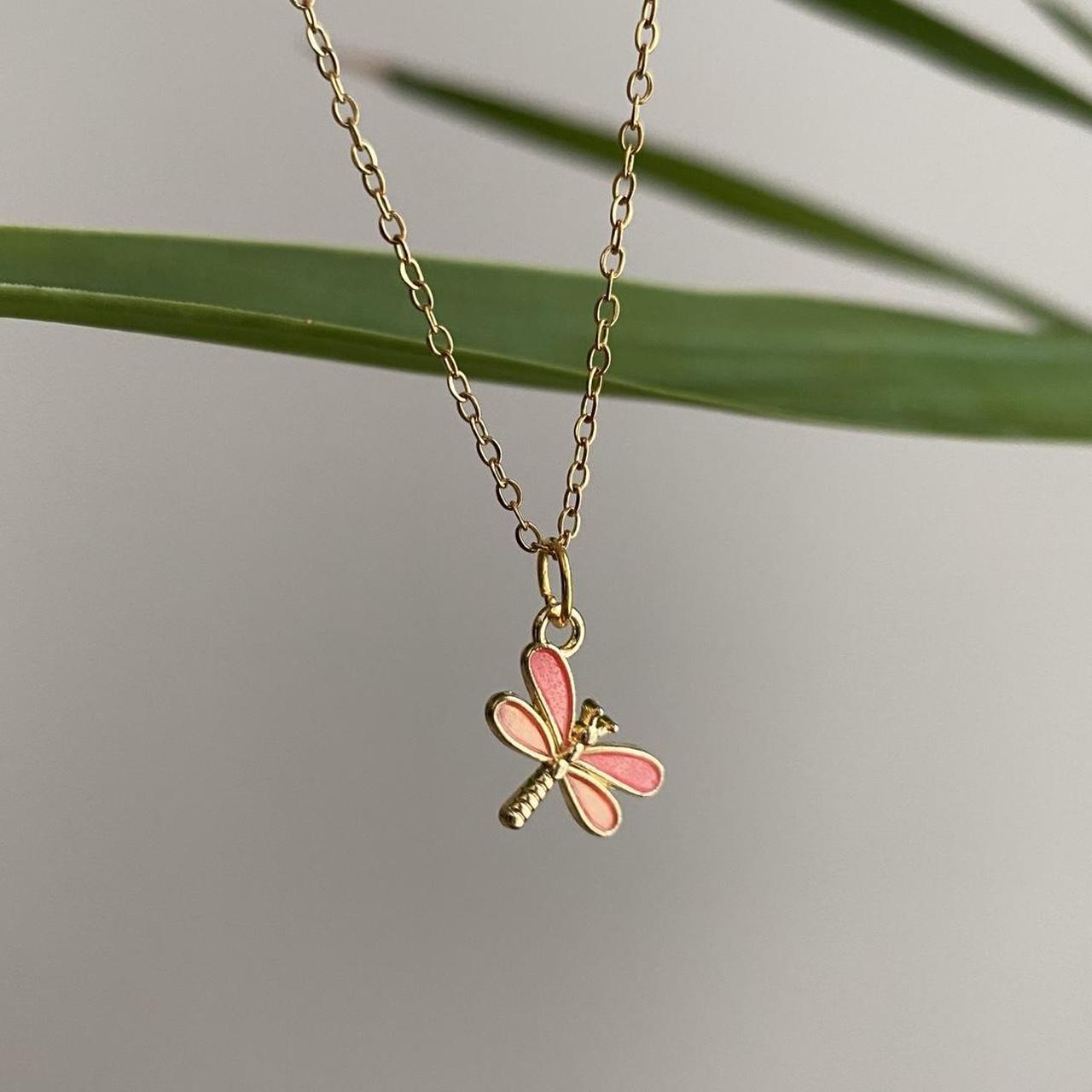 Pink And Orange Enamel Dragonfly Pendant Chain - Image 5