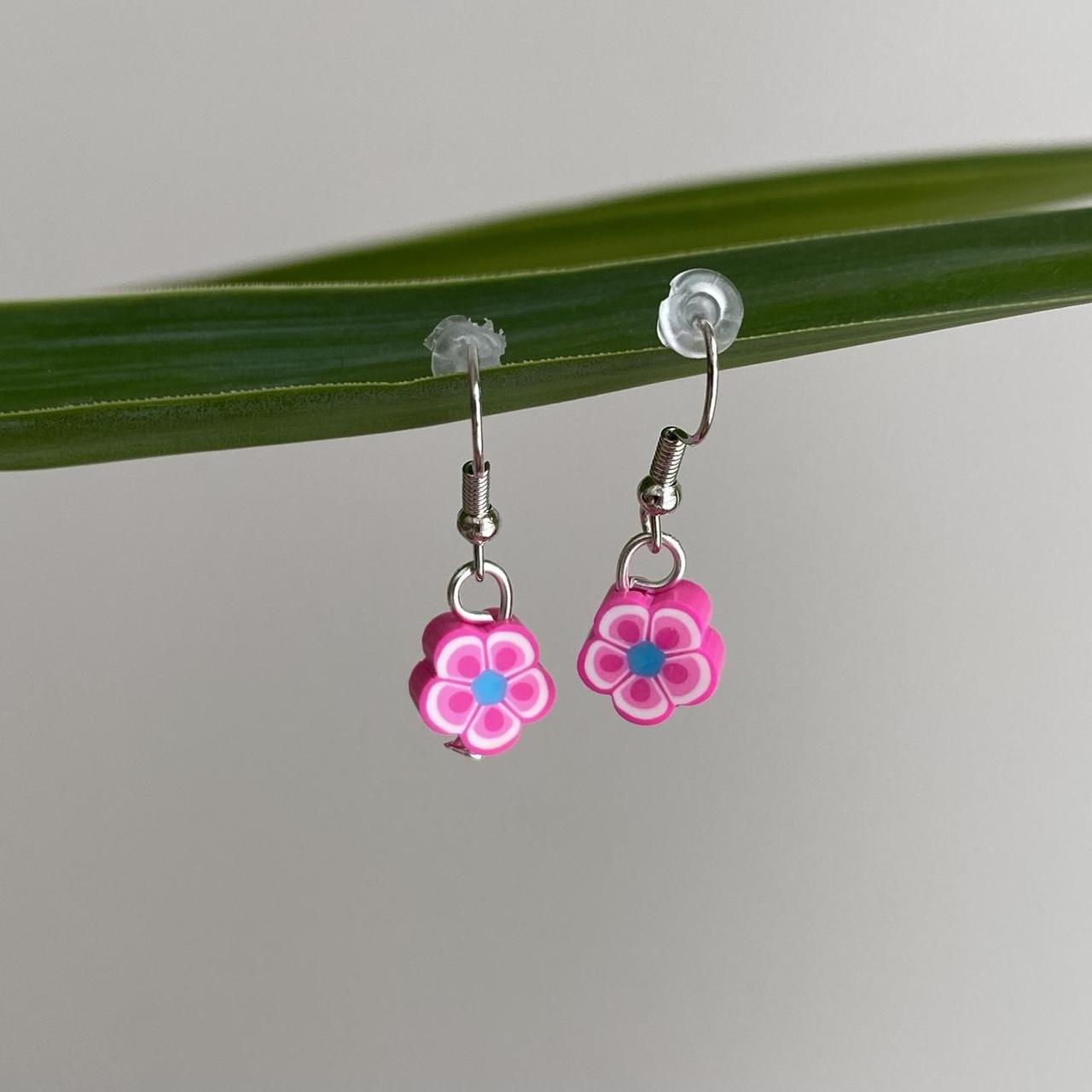 Pink Tropical Flower Polymer Clay Dangle Earrings - Image 2
