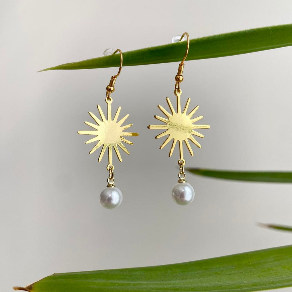 Gold Rising Sun With Pearl Accent Dangle Earrings - Image 2