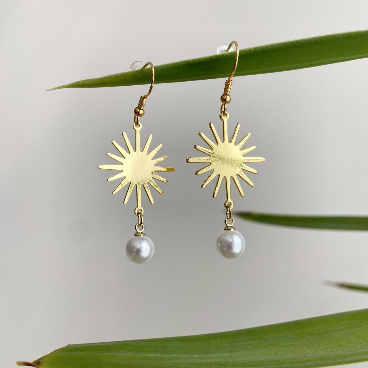 Gold Rising Sun With Pearl Accent Dangle Earrings - Image 2