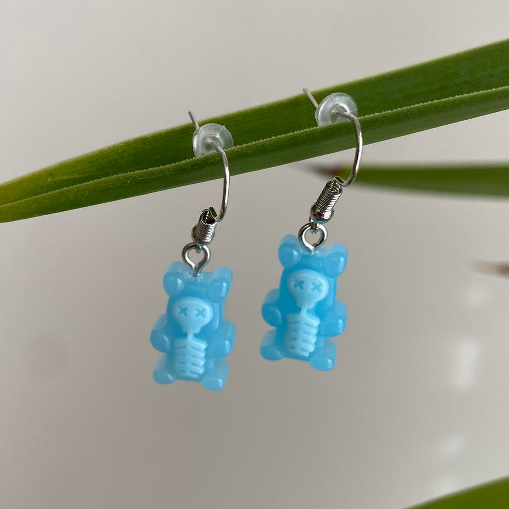 Blue Skeletal Gummy Bear Dangle Earrings Hand Made - Image 3