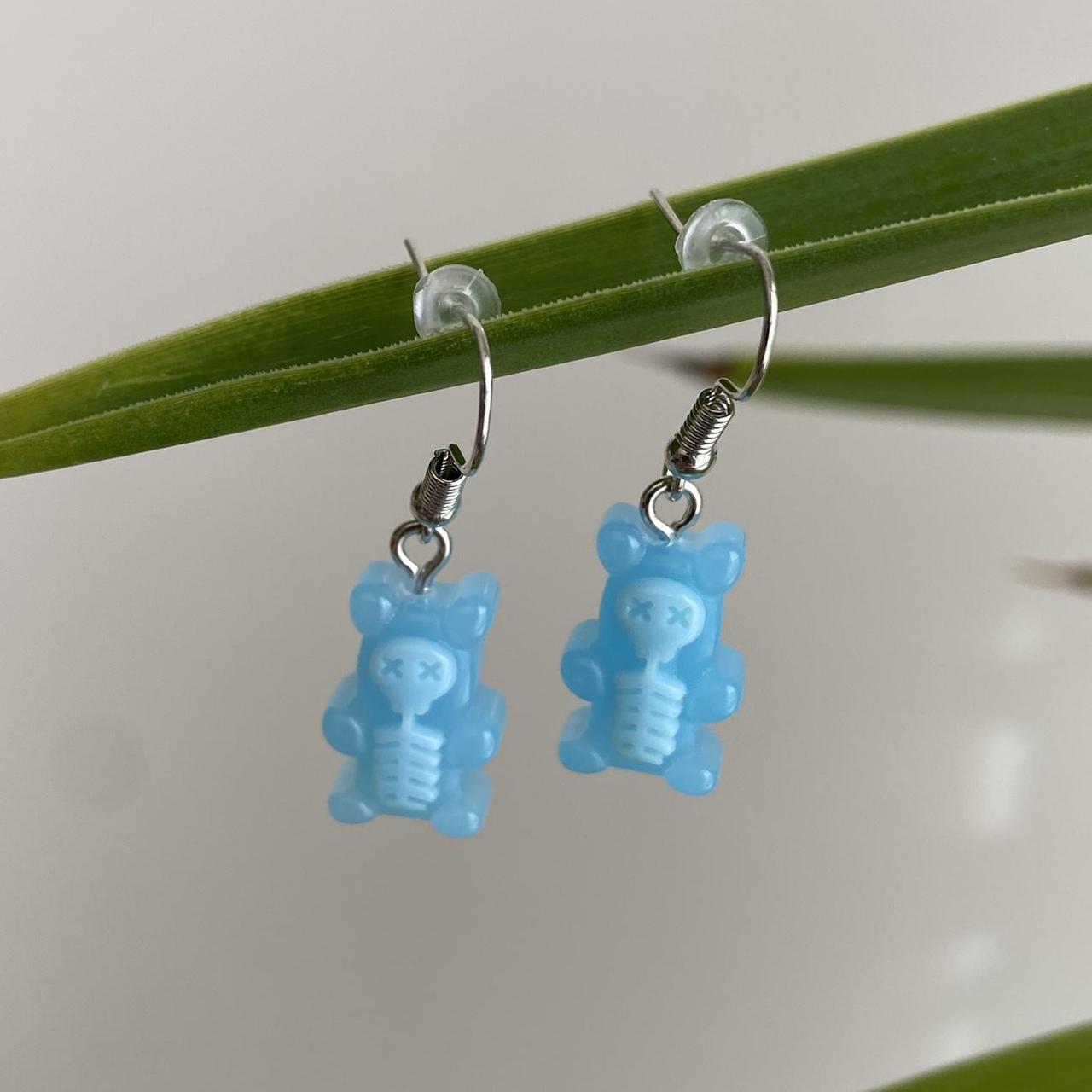 Blue Skeletal Gummy Bear Dangle Earrings Hand Made - Image 3