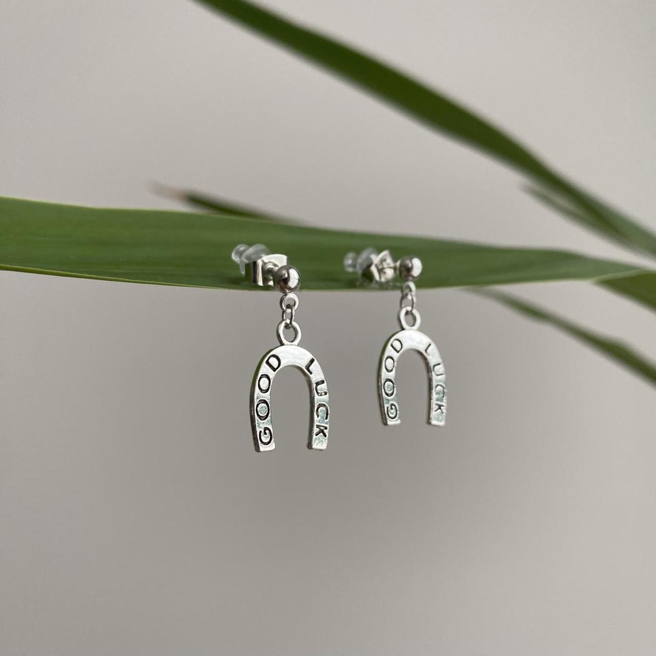 Western Good Luck Horse Shoe Silver Dangle Stud - Image 4