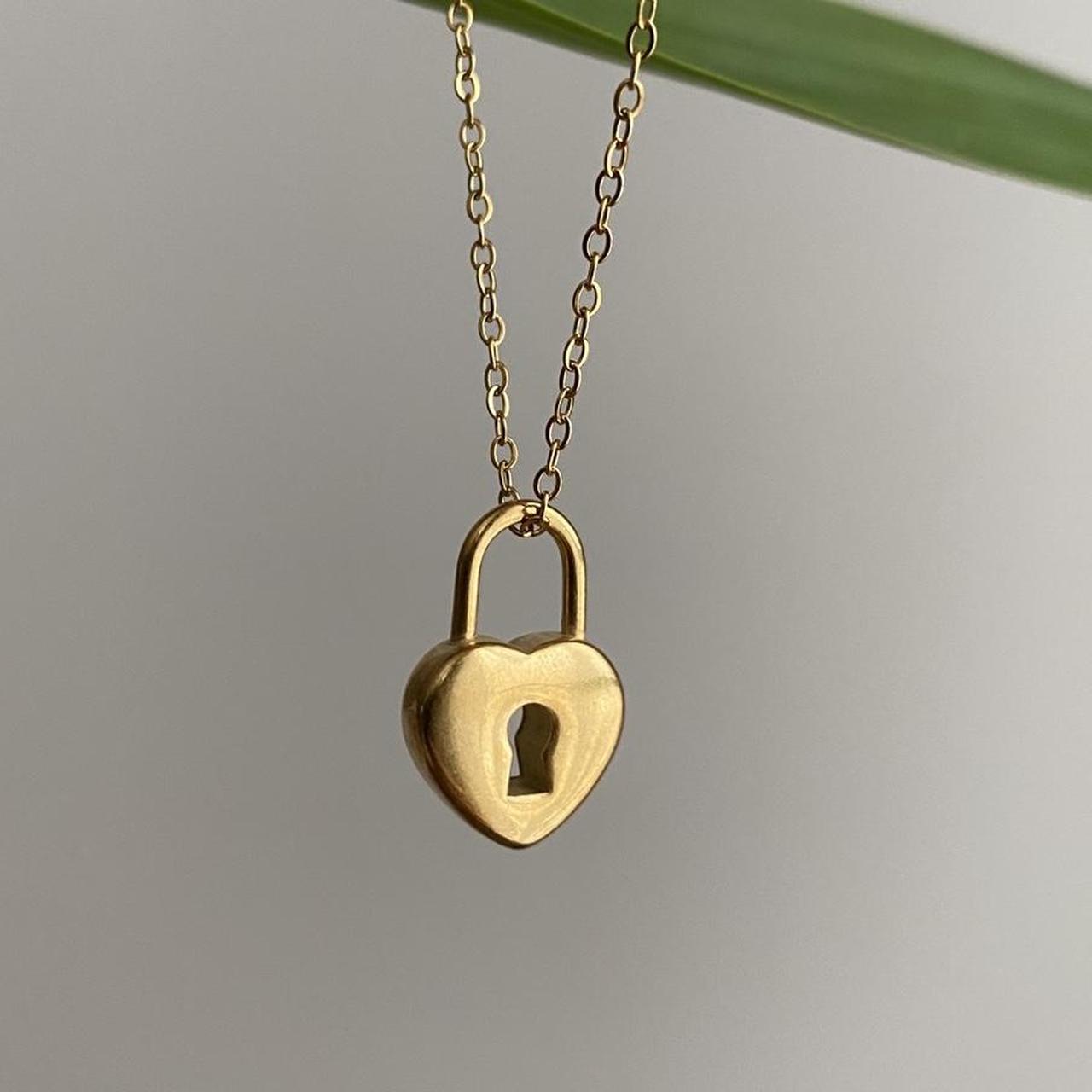 Gold Heart Padlock Key Hole Pendant Chain Necklace - Image 2