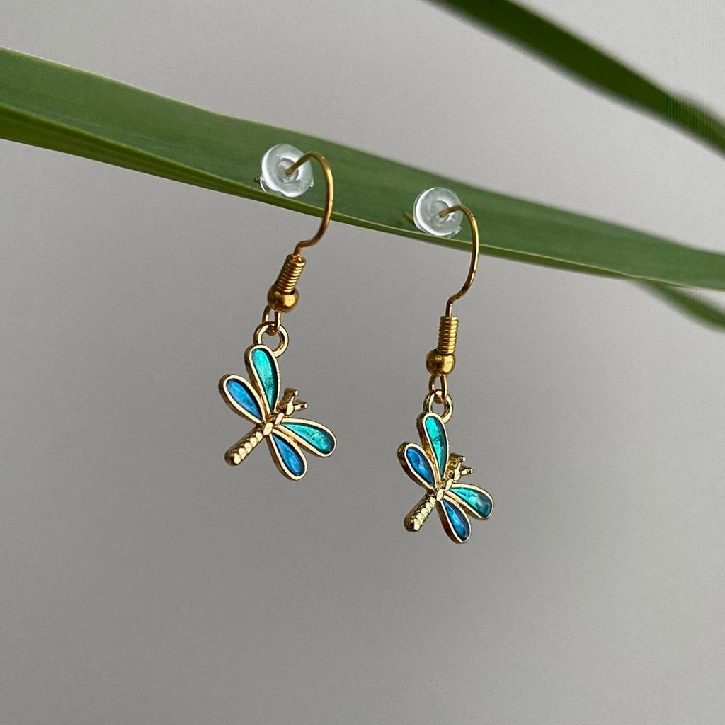 Blue And Green Dragon Fly Dangle Earrings With Gold