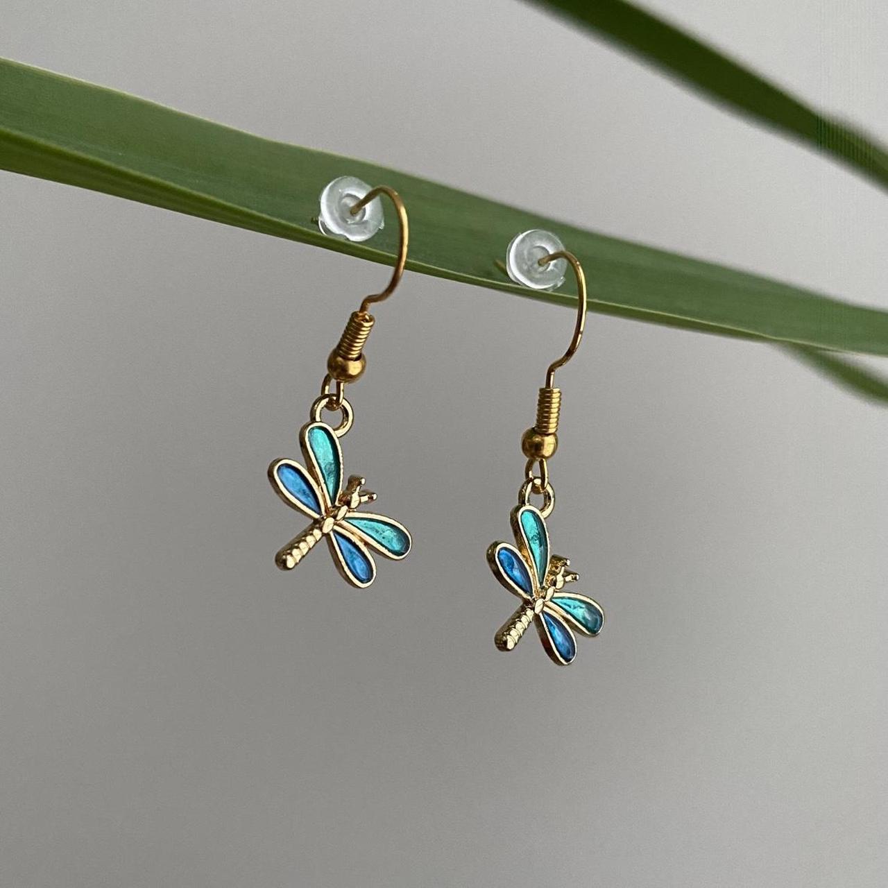 Blue And Green Dragon Fly Dangle Earrings With Gold