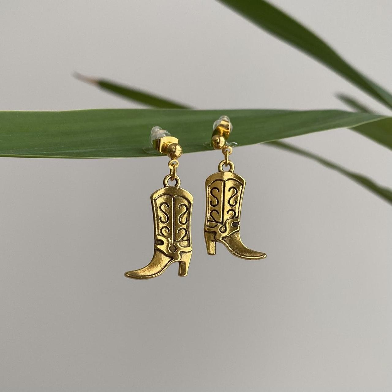 Gold Western Cowgirl Boots Dangle Stud Earrings - Image 4