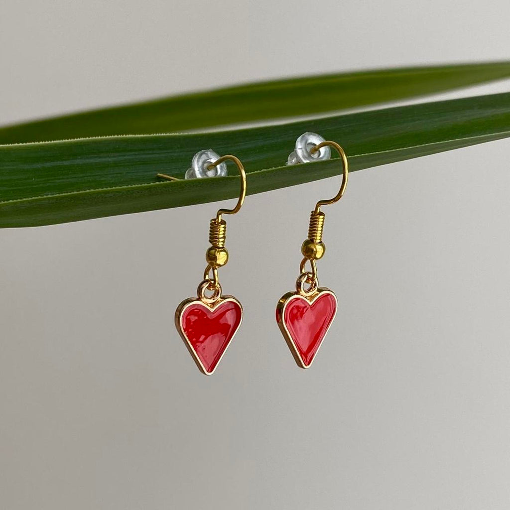 Red Hearts Symbol Dangle Earrings With Gold Accents - Image 3